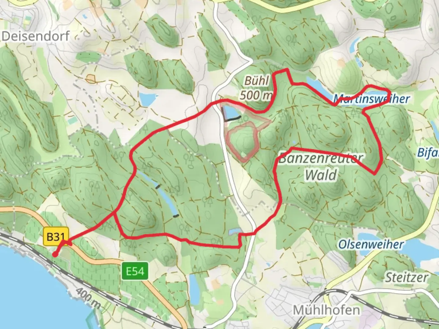 An image depicting the trail Martinsweiher and Markgräfinweiher via Ulrikaweg and its surrounding area.