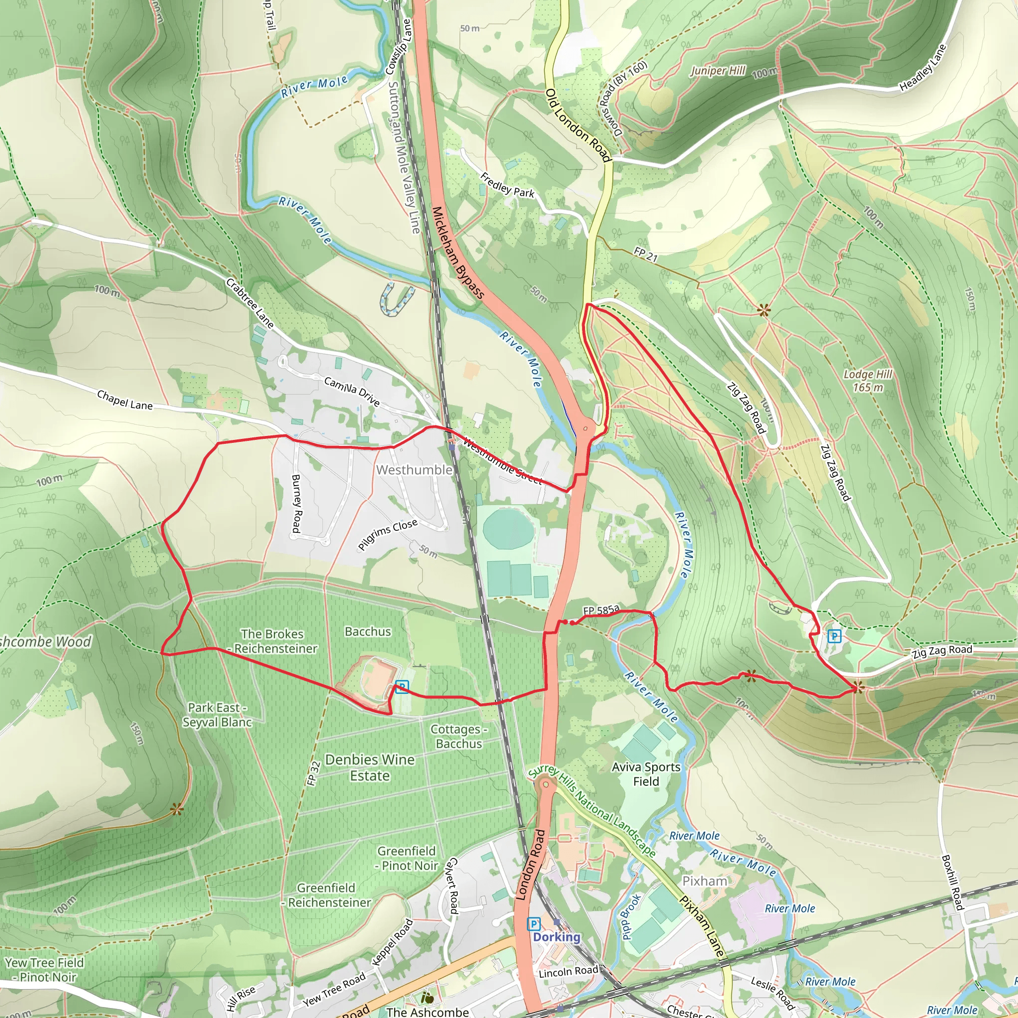 Westhumble Loop via Box Hill Fort mobile static map