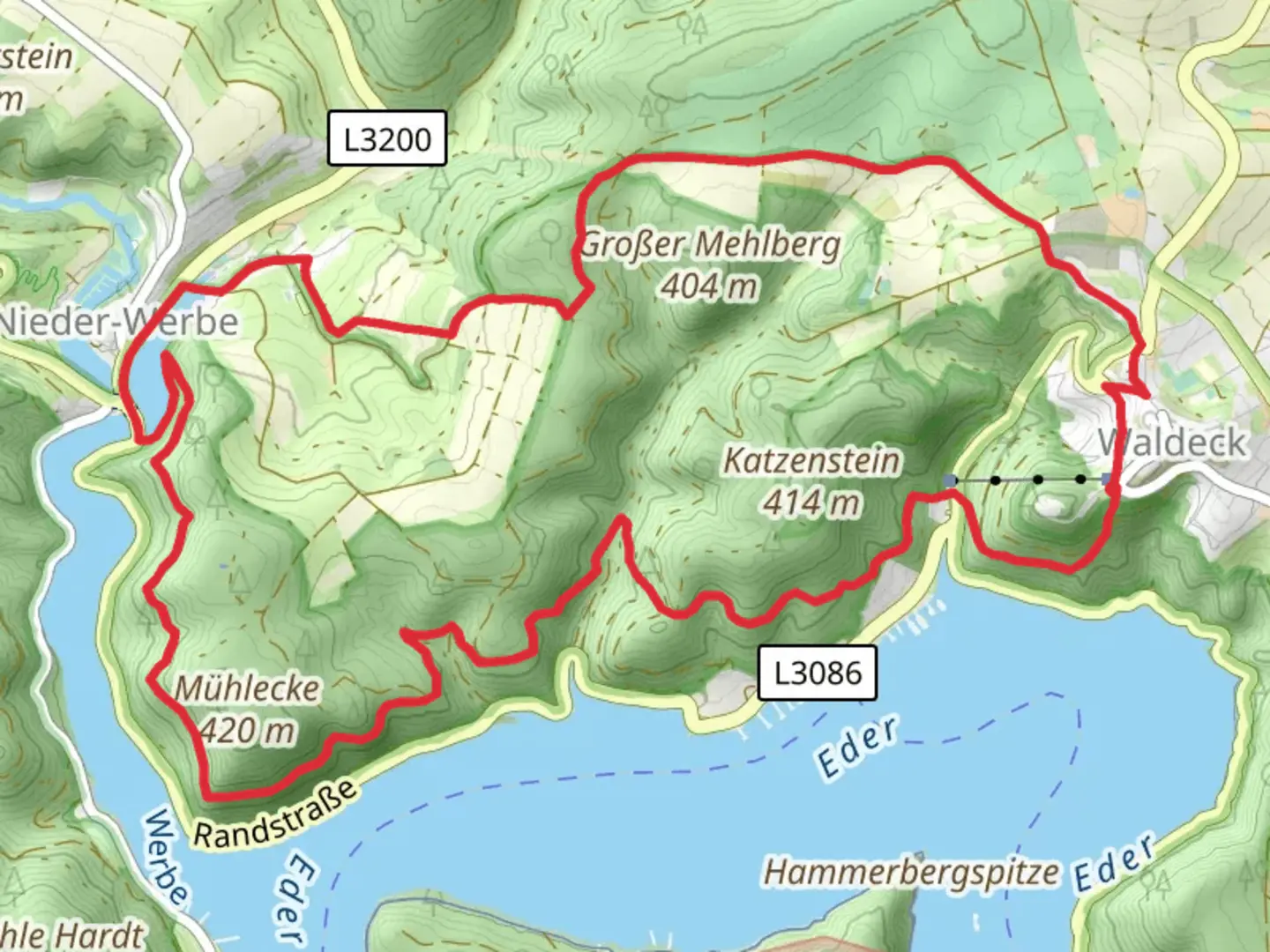An image depicting the trail Reiherbach via NST and Herkulesweg and its surrounding area.