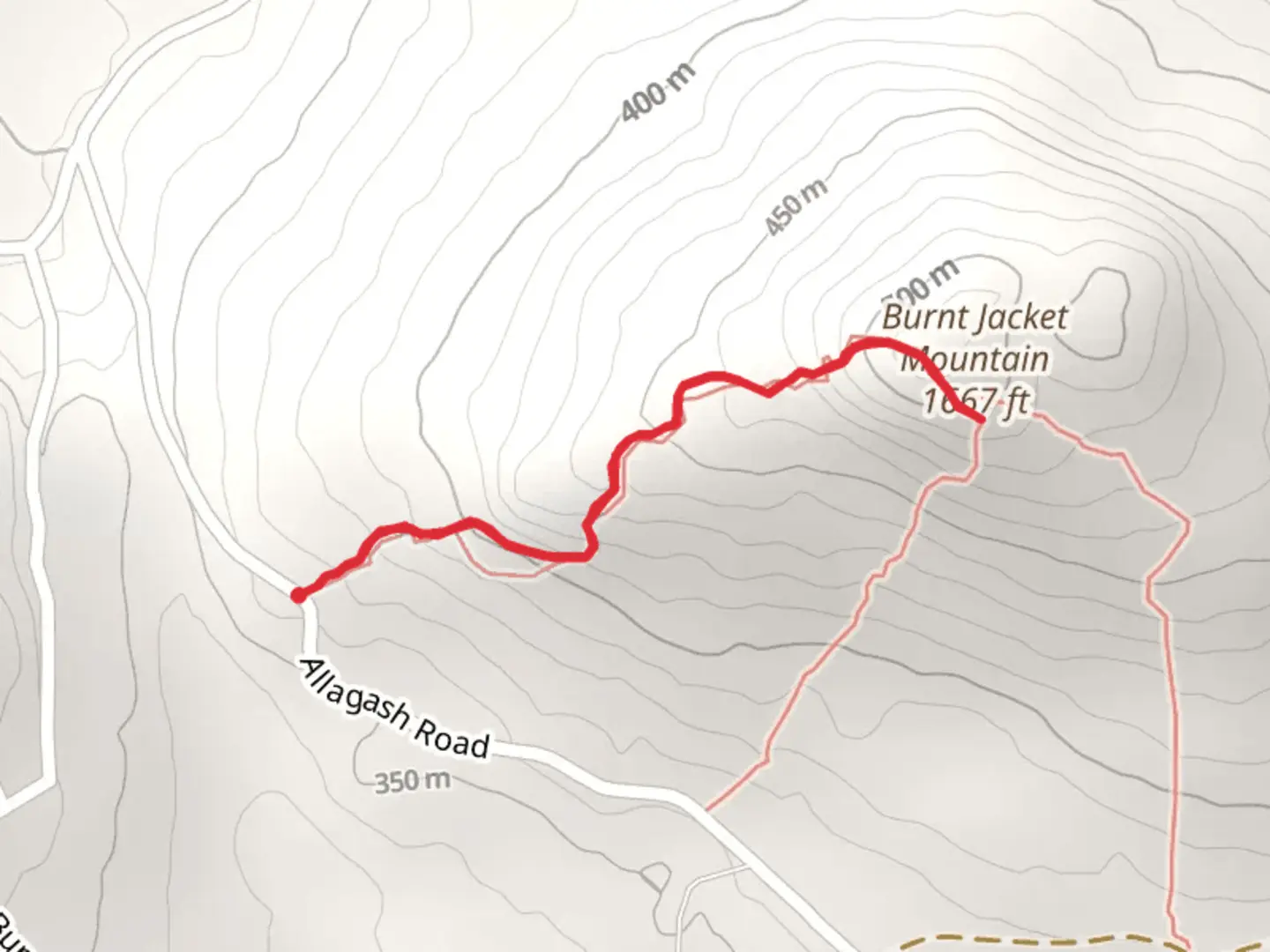 An image depicting the trail Burnt Jacket Mountain from Allagash Road and its surrounding area.