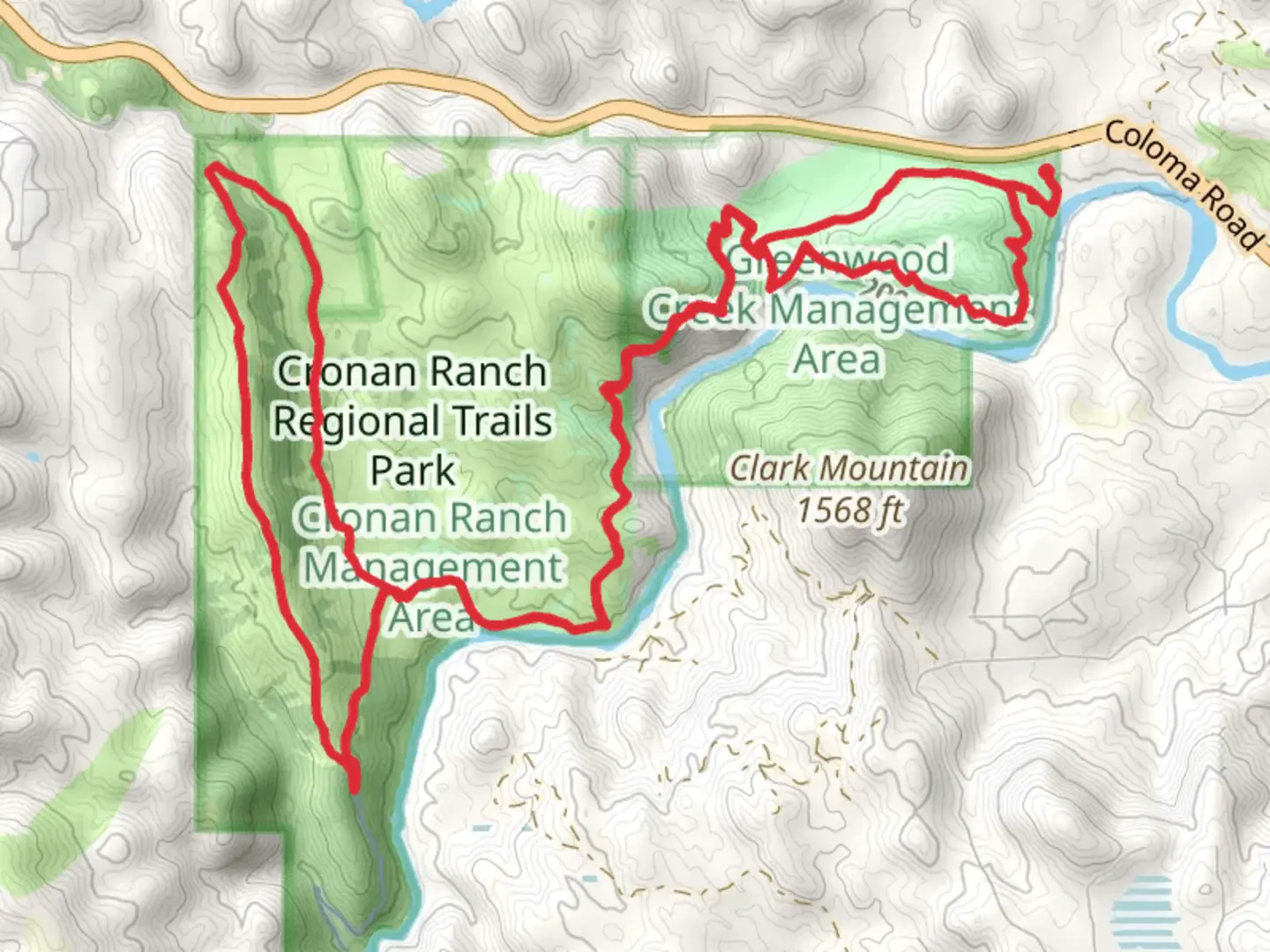 An image depicting the trail West Ridge, Down and Up and Gerle Loop Trail and its surrounding area.