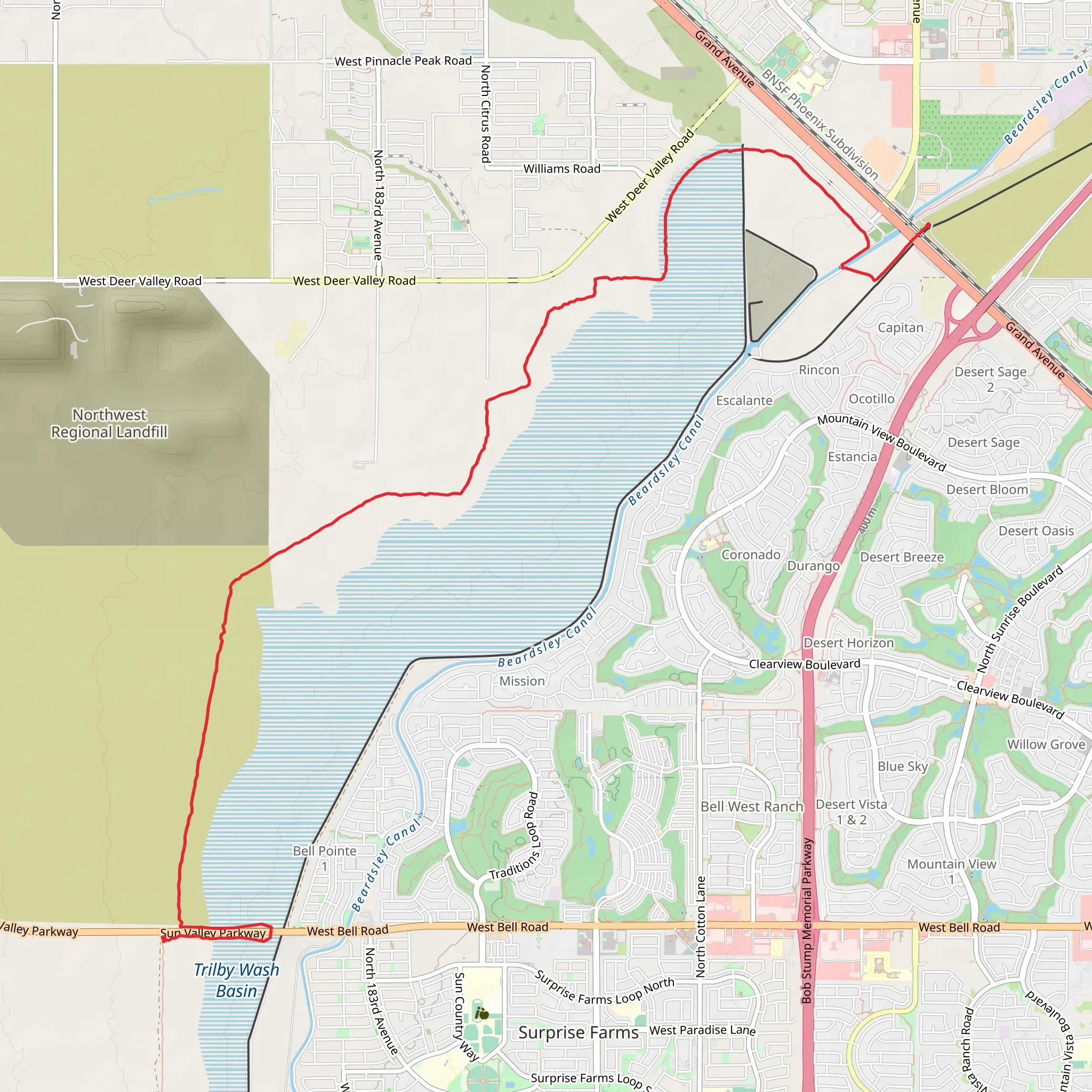 Maricopa Trail from Trilby Wash Basin mobile static map