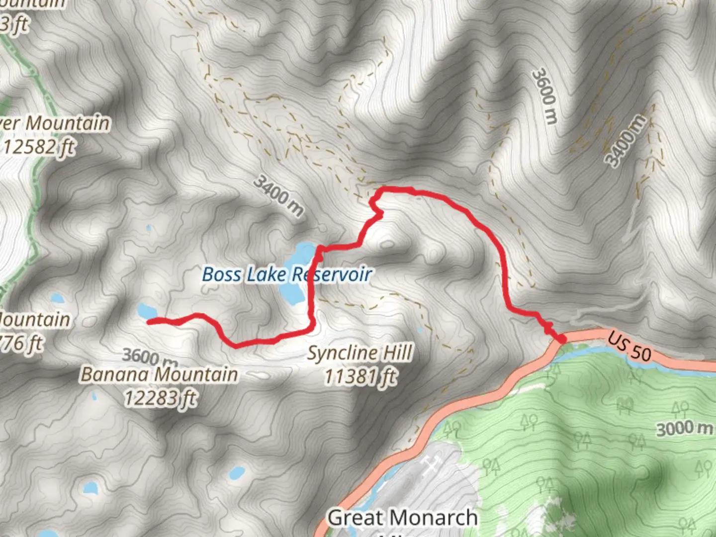 An image depicting the trail Boss Lake Reservoir and Hunt Lake via CDT and its surrounding area.