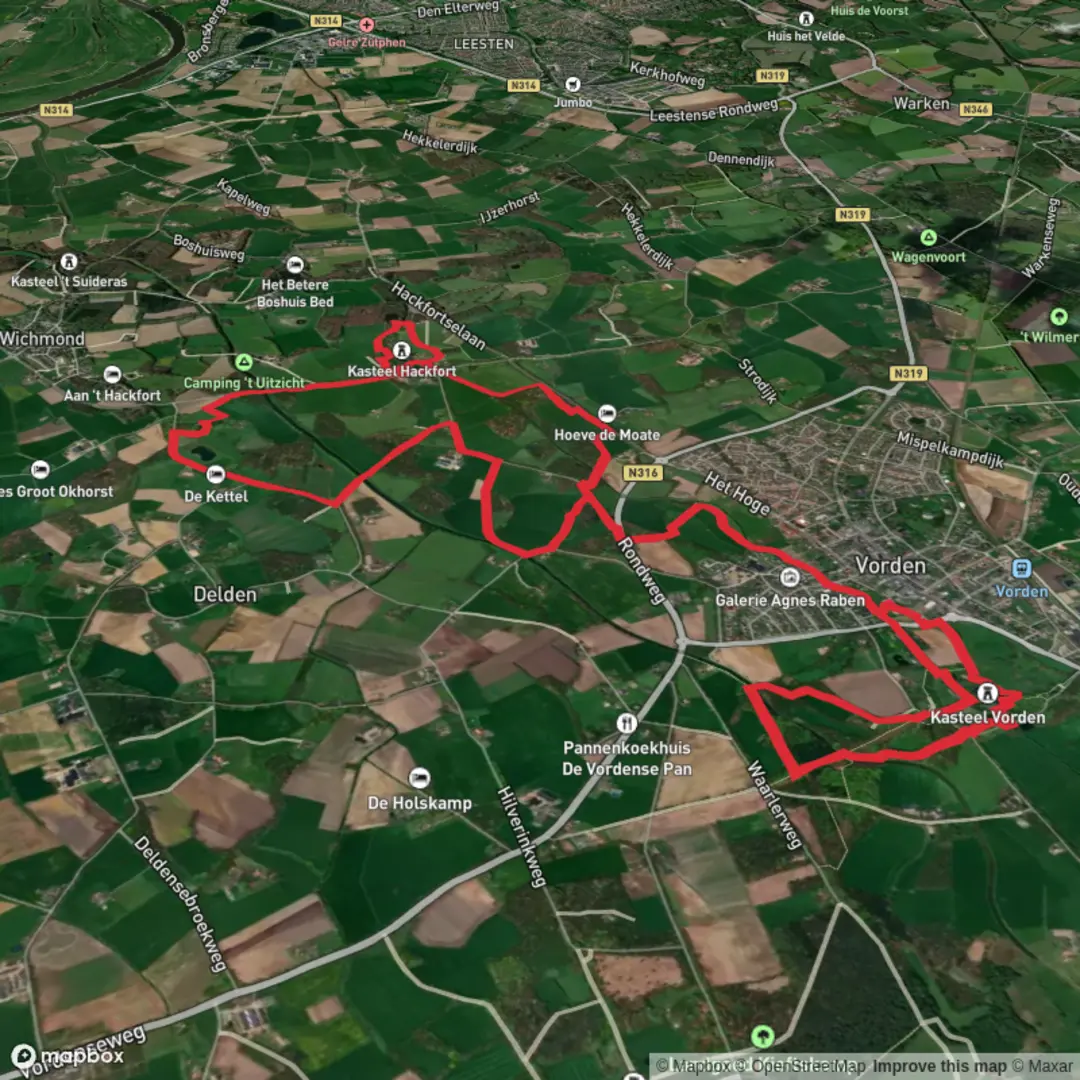An image depicting the trail Kasteel Vorden and Kasteel Hackfort via Het Bilderspad and its surrounding area.