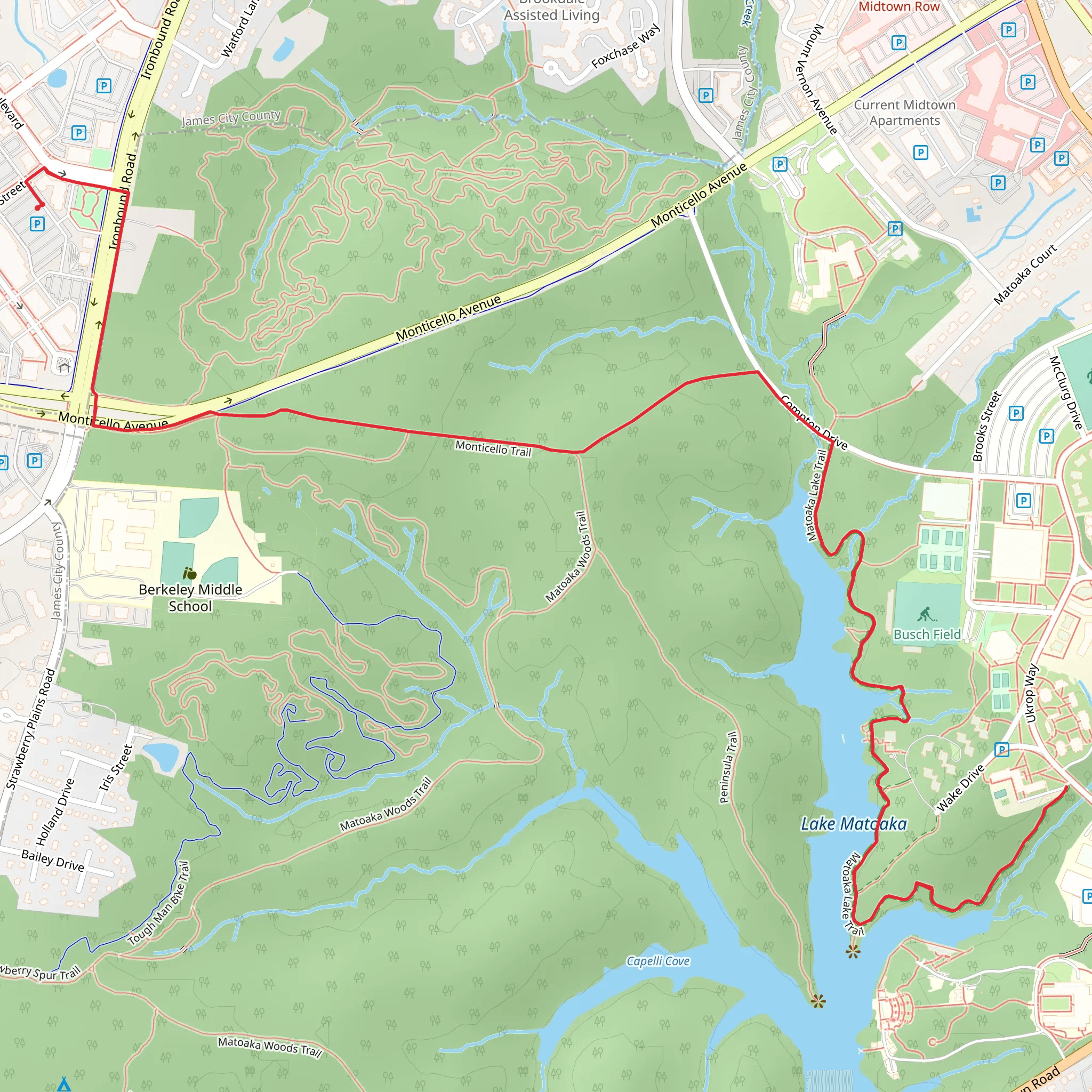 Monticello and Matoaka Lake Trail mobile static map