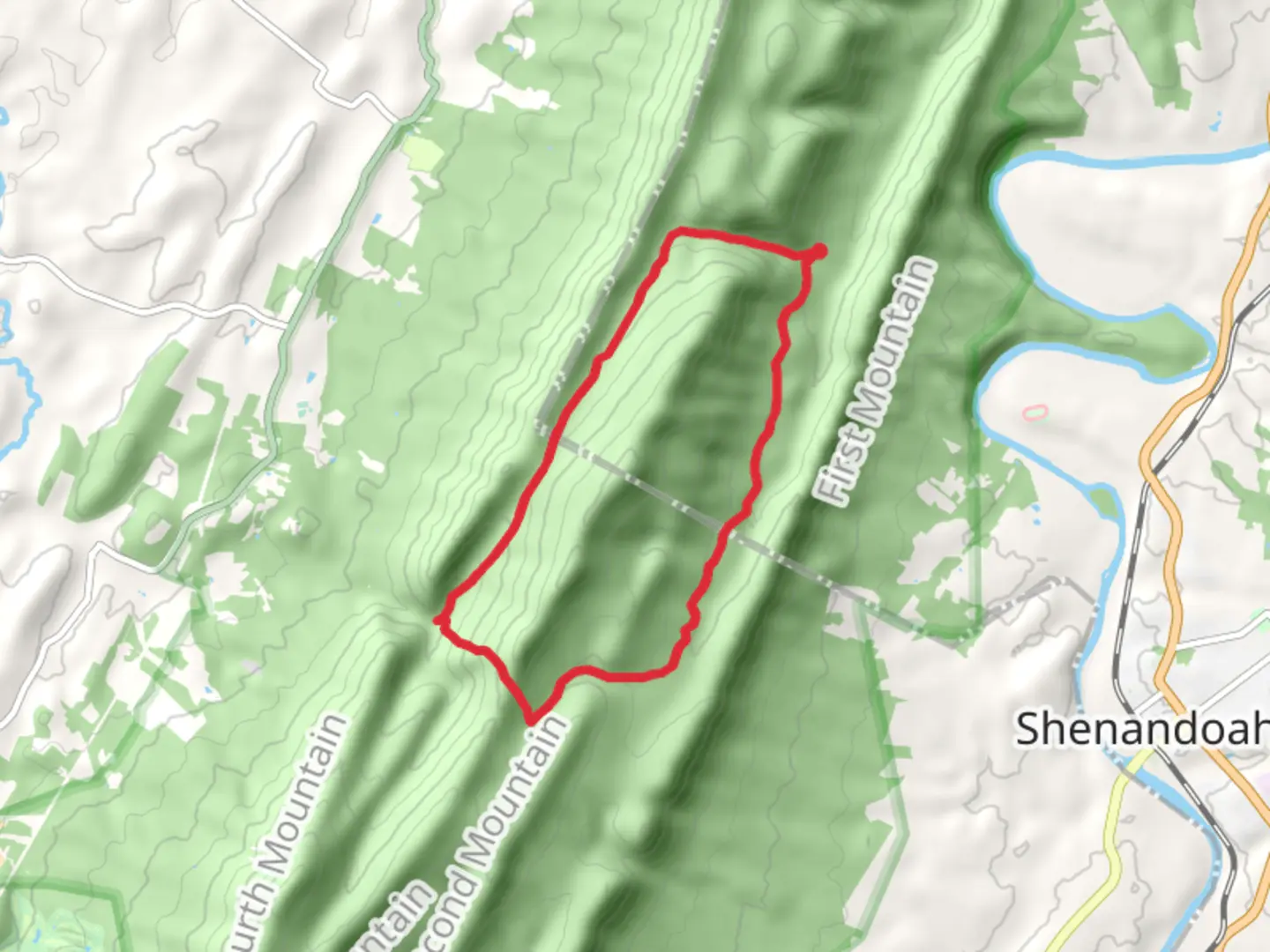 An image depicting the trail Cub Run, Fridley's Gap and Massanutten South Loop Trail and its surrounding area.