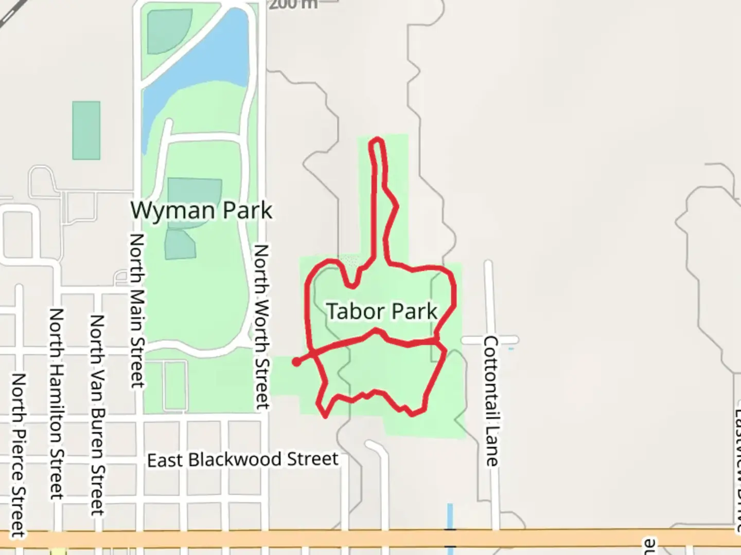 An image depicting the trail Tabor Park Loop and its surrounding area.
