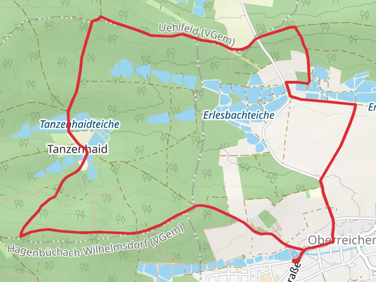 An image depicting the trail Tanzenhaidteiche via Bettelhuetlein Runde and its surrounding area.