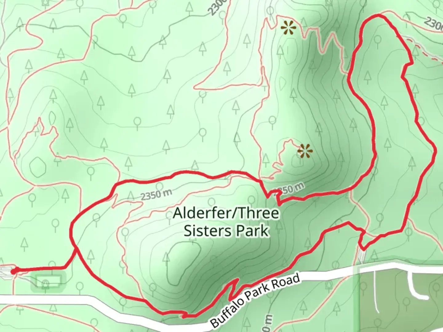 An image depicting the trail Silver Fox, Ponderosa and Hidden Fawn Loop Trail and its surrounding area.