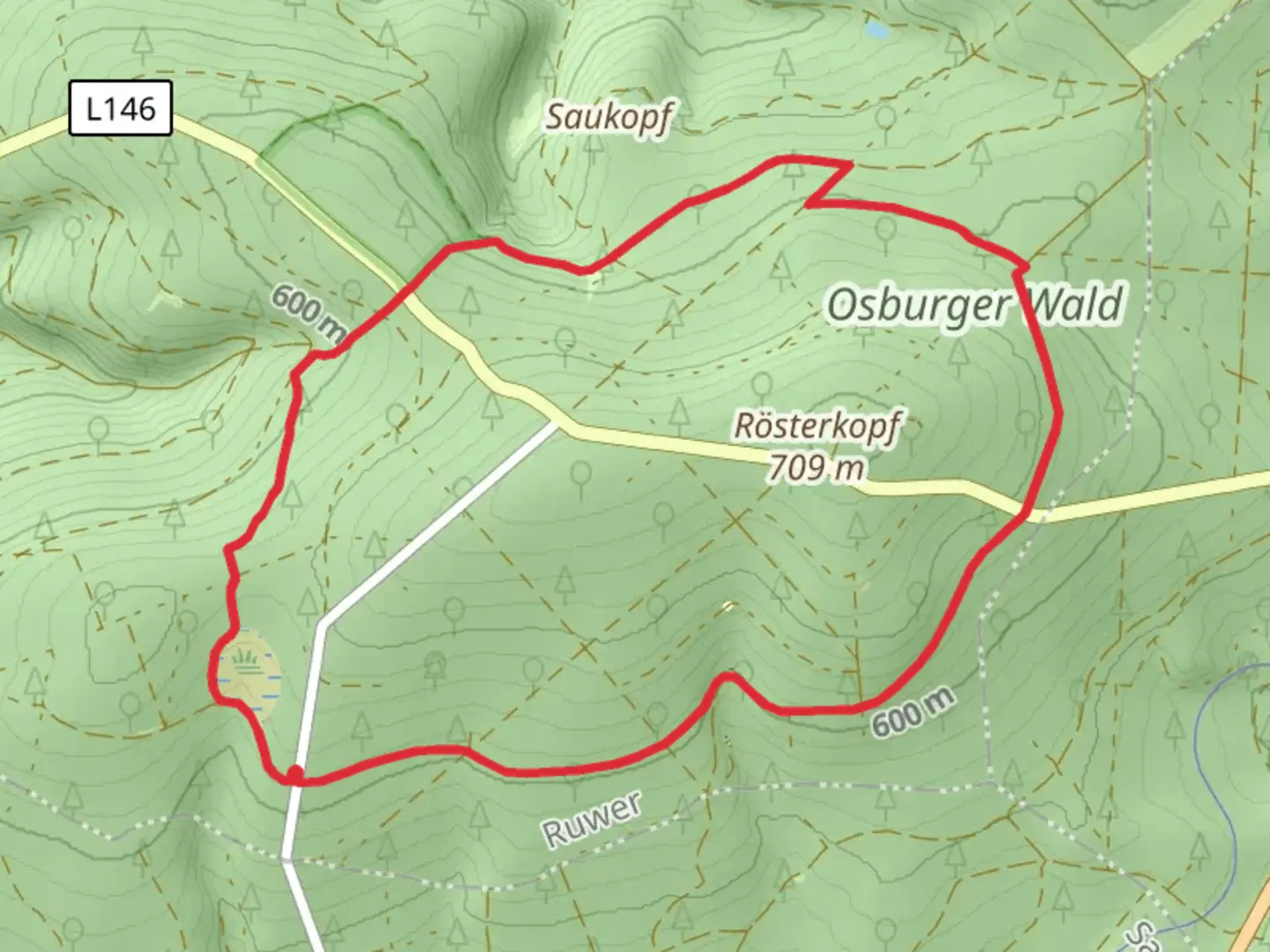 An image depicting the trail Roesterkopf Rundweg and its surrounding area.