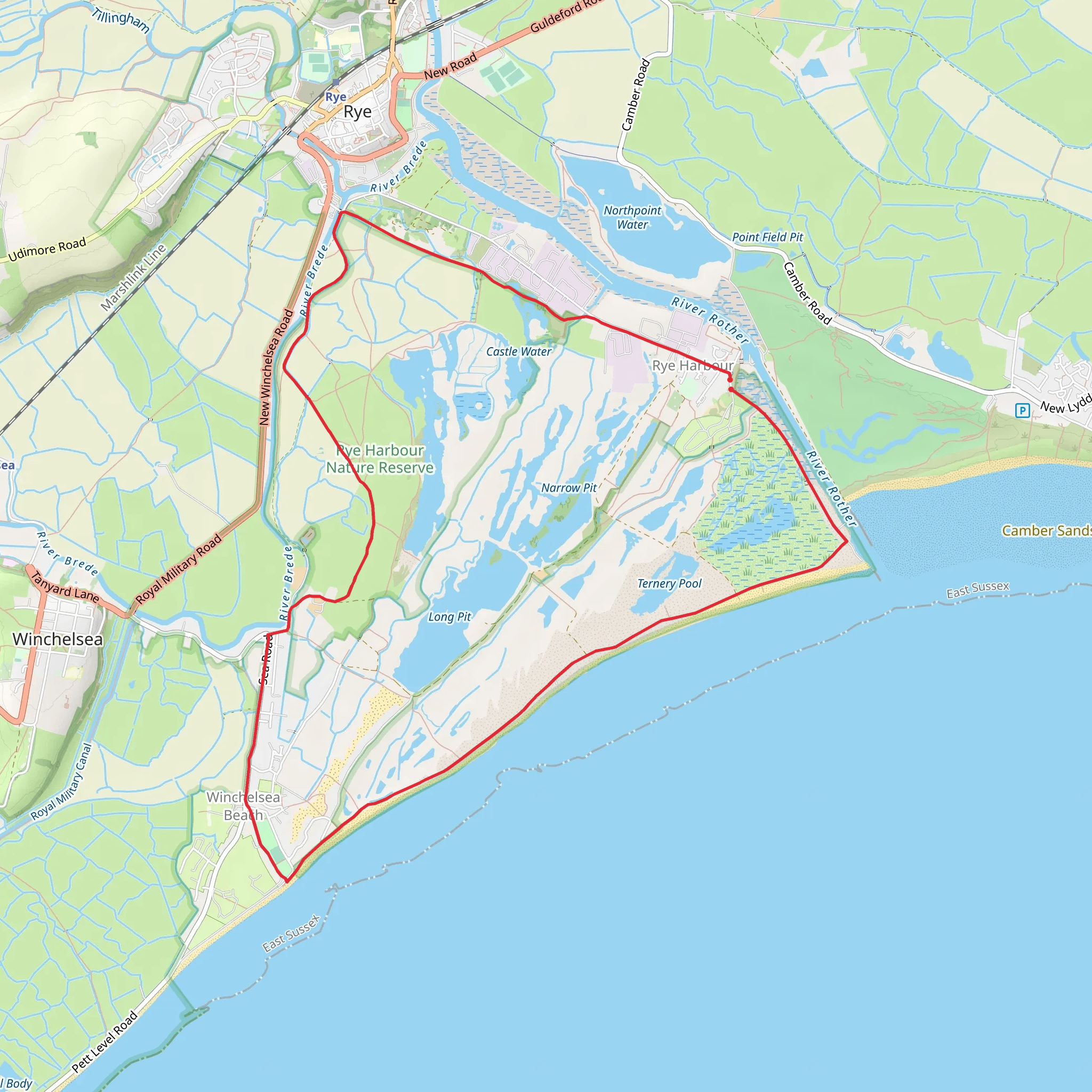 Rye Harbour and Winchelsea Beach Loop via Camber Castle mobile static map