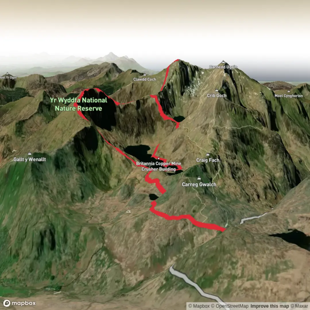 An image depicting the trail Y Gribin and Y Lliwedd Circular and its surrounding area.