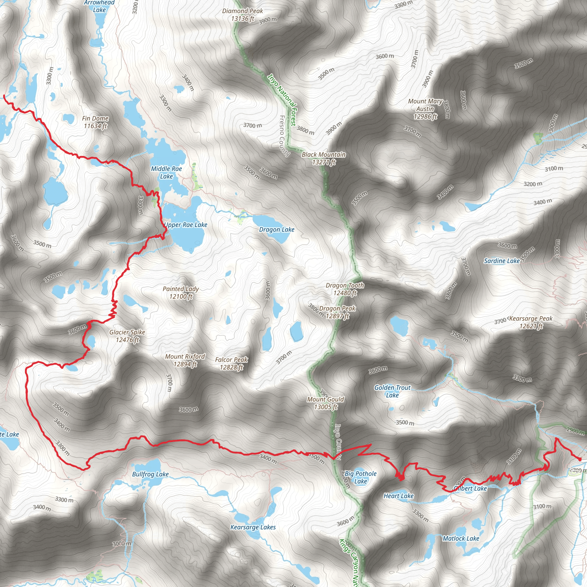 Lower Sixty Lakes Basin and Kearsarge Pass Trail mobile static map