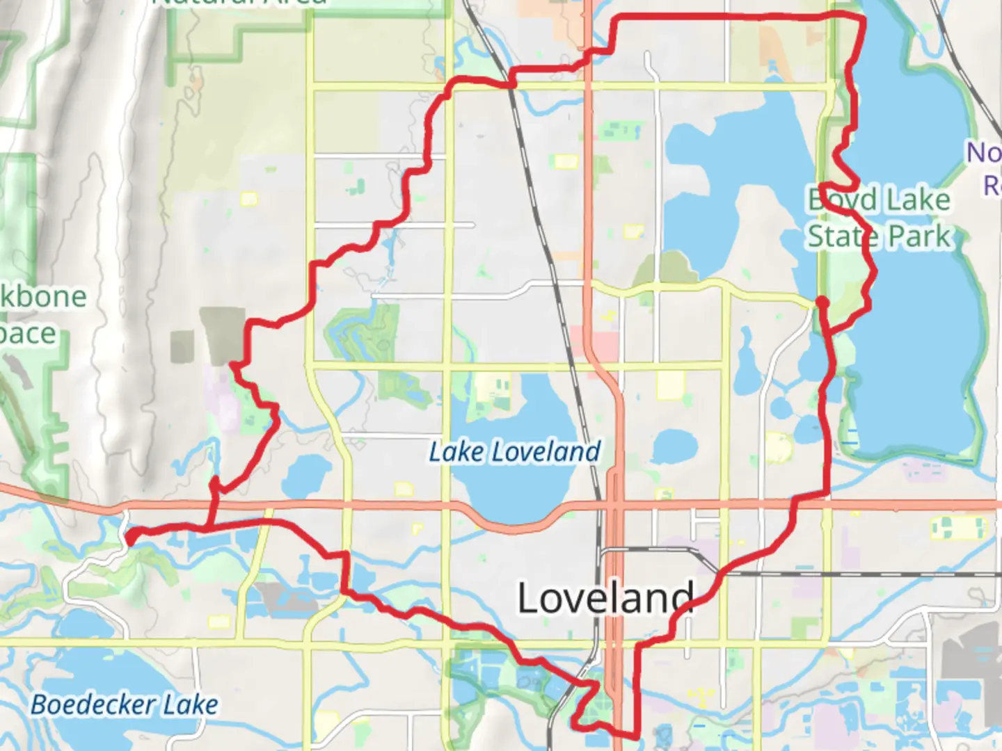 An image depicting the trail Westside Trail, North Trail and Big Thompson River Trail and its surrounding area.