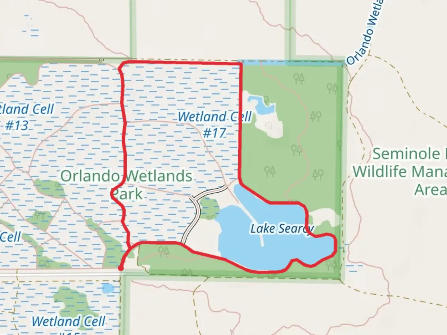 An image depicting the trail Orlando Wetlands Park Loop and its surrounding area.