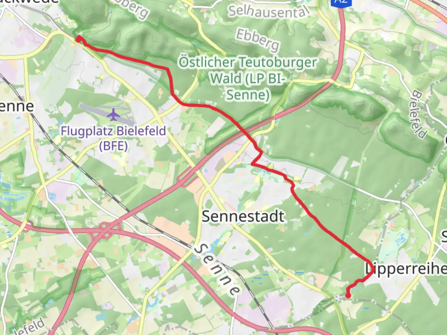 An image depicting the trail Senne to Lipperreihe via Dalbker Teich and Rundweg Sennestadt and its surrounding area.
