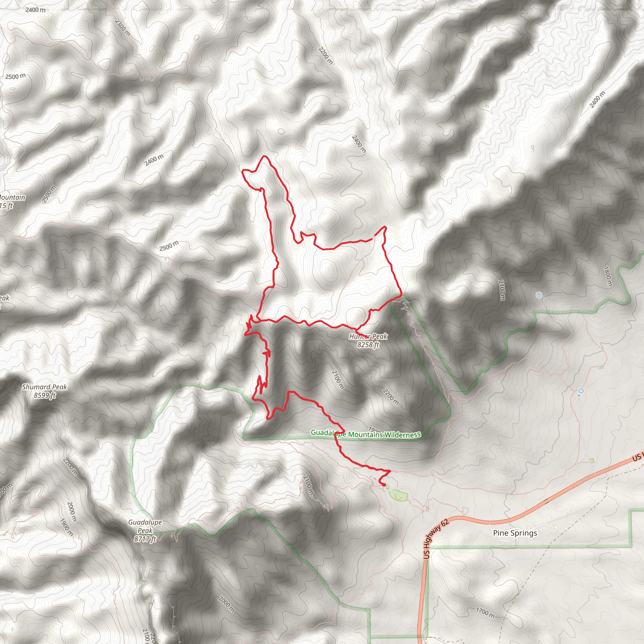The Bowl and Hunter Peak via Tejas and Juniper Trail mobile static map