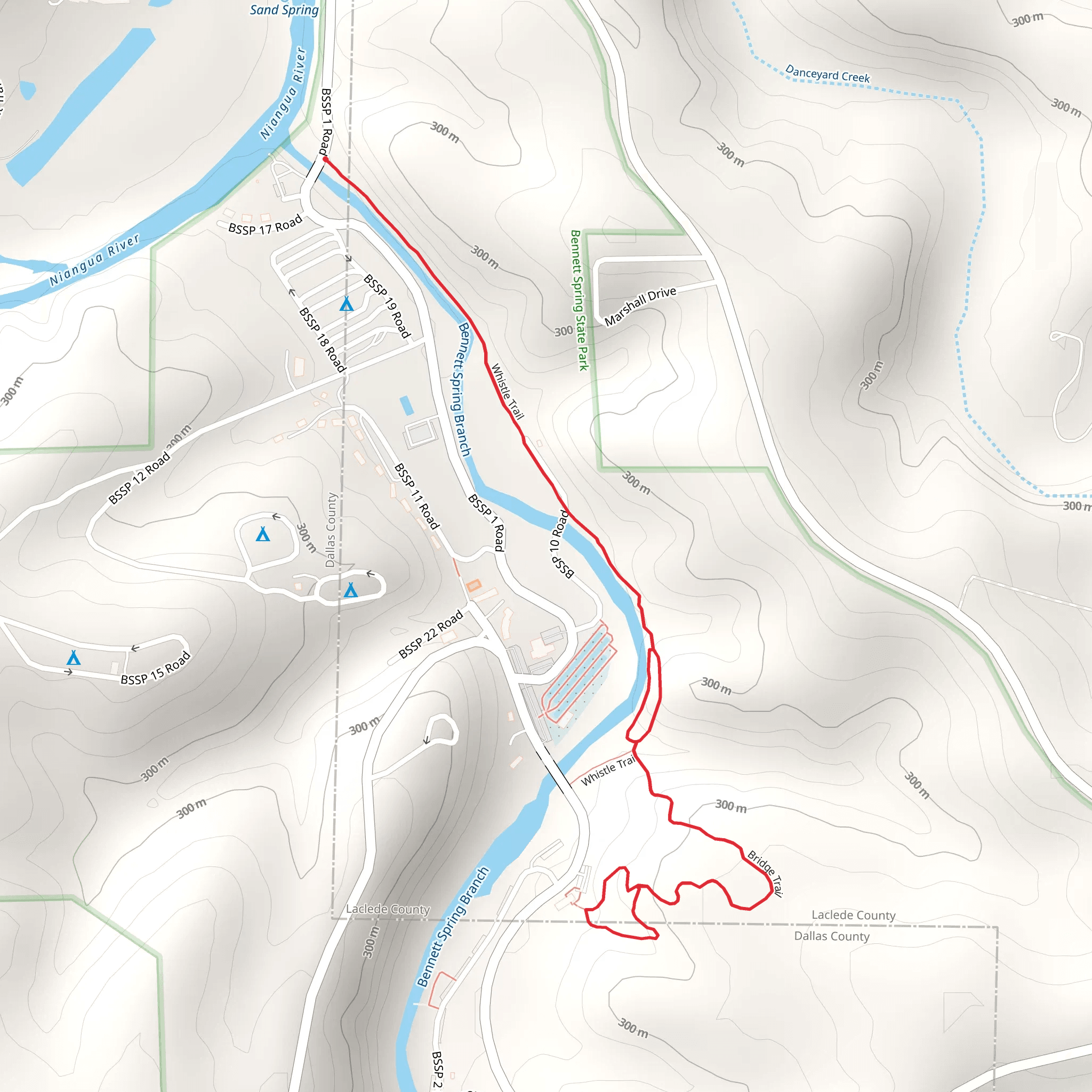 Whistle Trail, Oak-Hickory Trail and Bridge Trail mobile static map