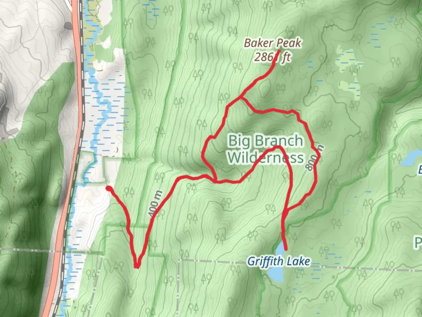 An image depicting the trail Baker Peak and Griffith Lake via Lake Trail and its surrounding area.