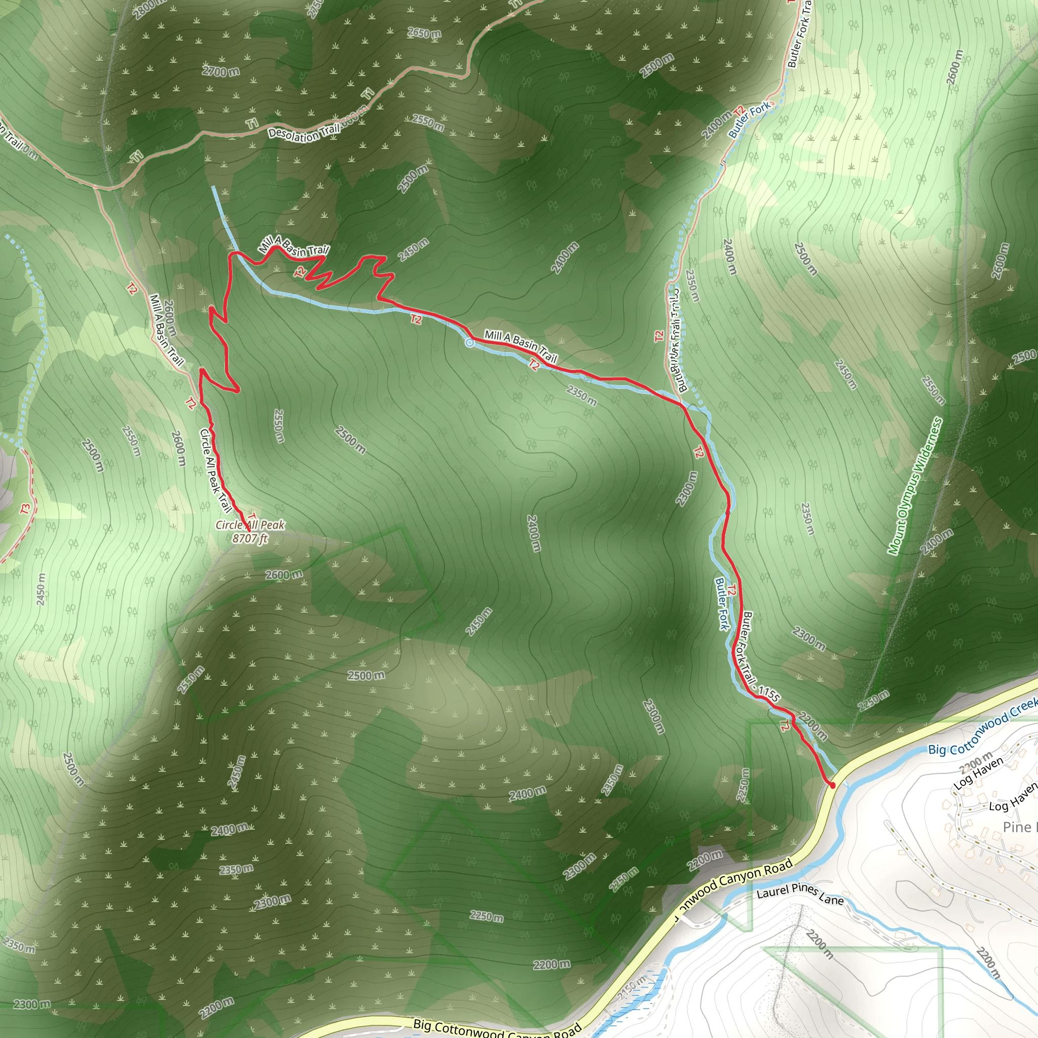 Butler Fork Trail and Mill A Basin Trail to Circle All Peak mobile static map