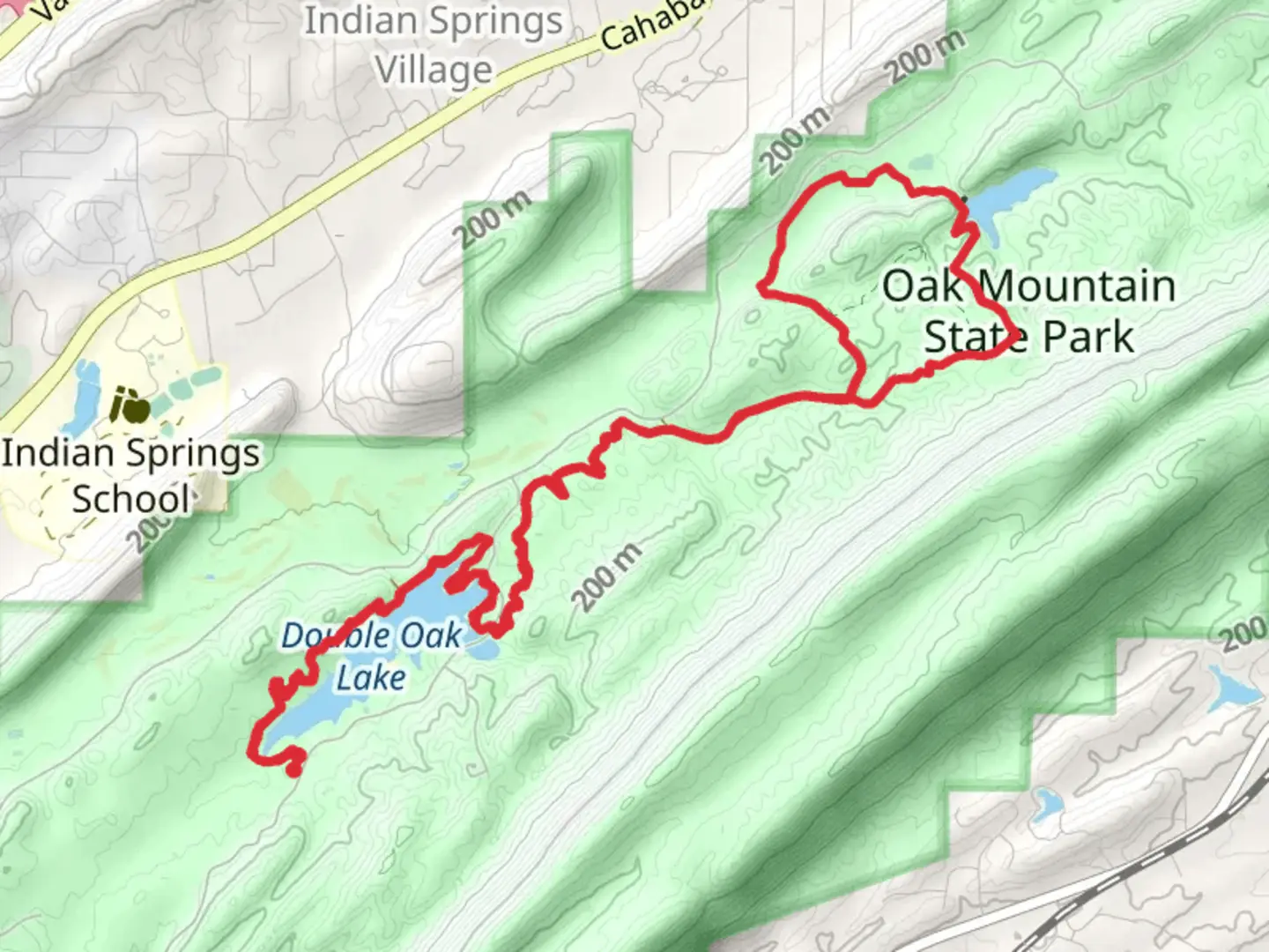 An image depicting the trail Double Oak Lake via Seven Bridges and Garrett's Gulch and its surrounding area.