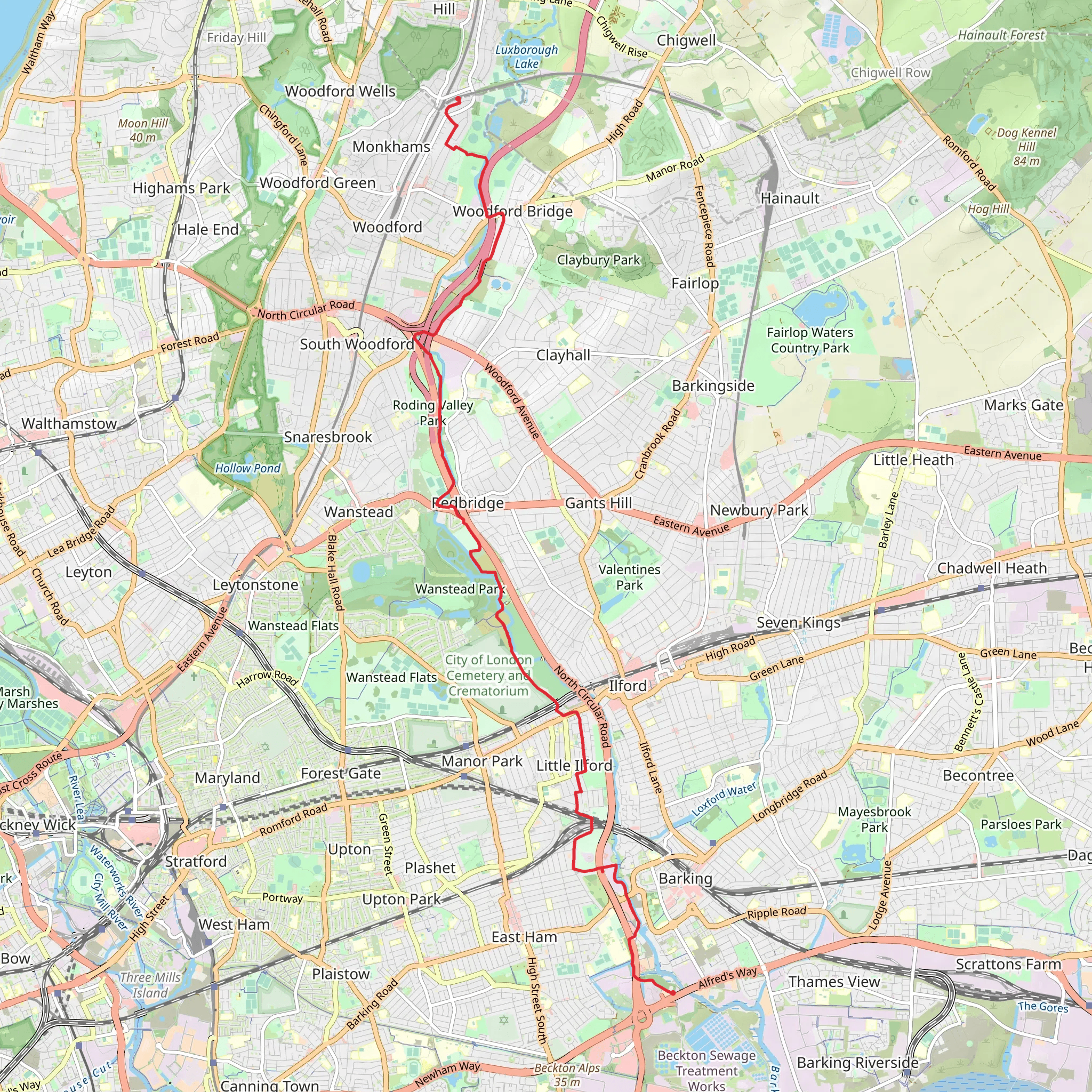 Roding Valley to Barking Walk mobile static map