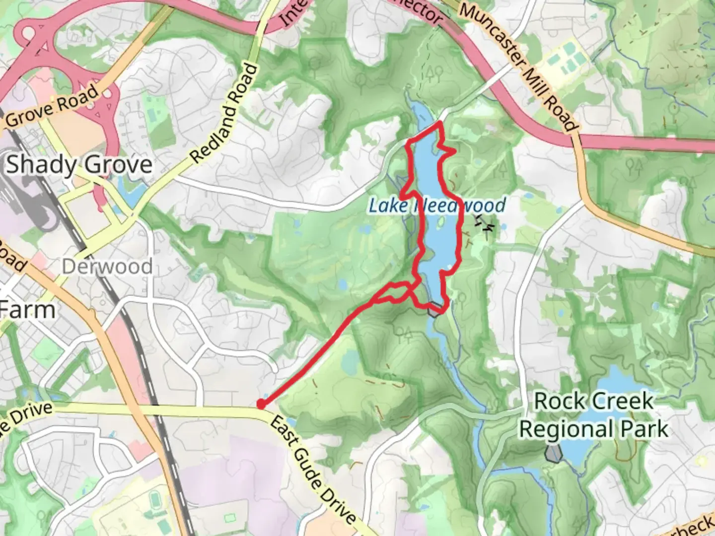 An image depicting the trail Lake Needwood Loop via Westside Trail and Gude Trail and its surrounding area.