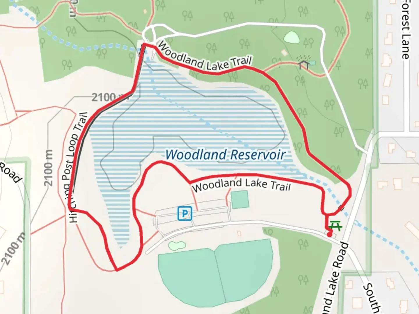 An image depicting the trail Woodland Reservoir Loop and its surrounding area.