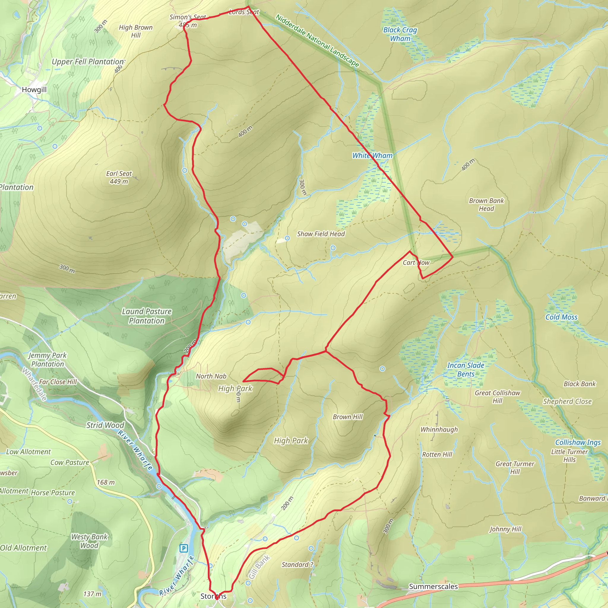 Storiths - Posforth Gill - Simon's Seat - Lord's Seat - Hammerthorn Hill and Hazlewood Moor mobile static map