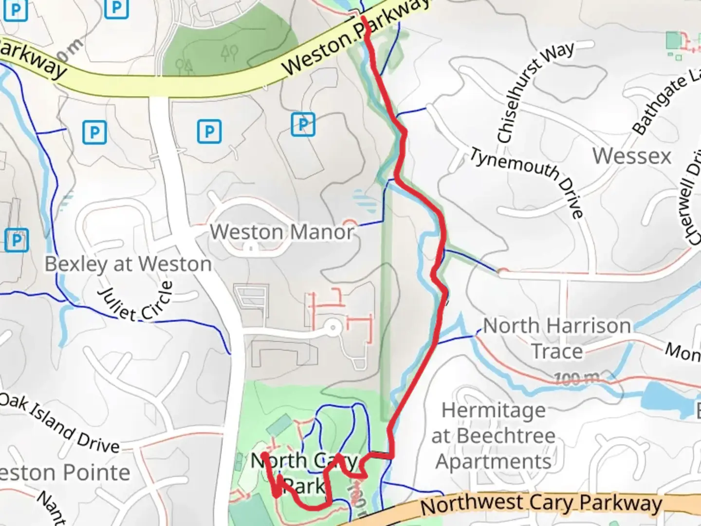 An image depicting the trail North Cary Park and its surrounding area.