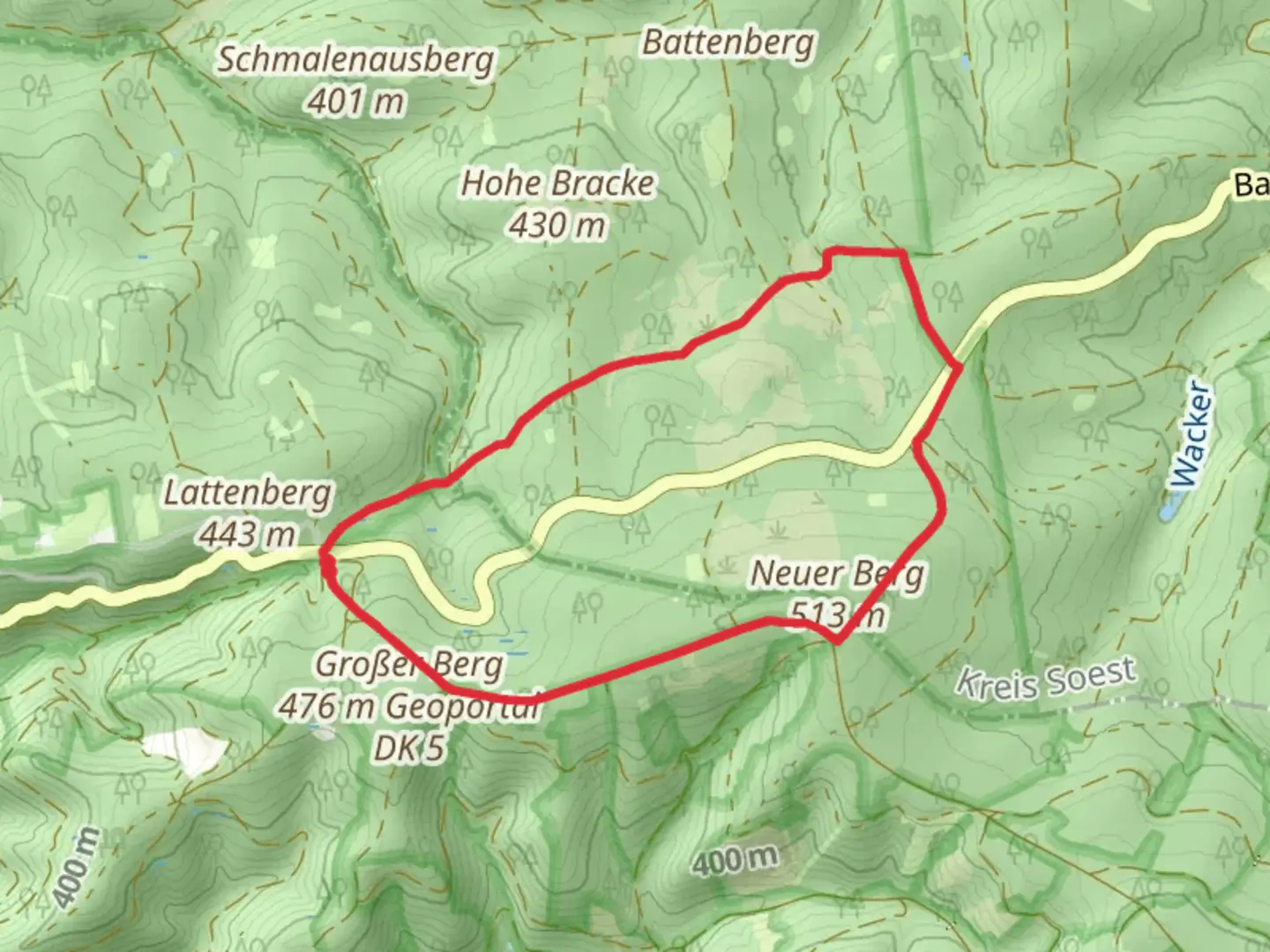 An image depicting the trail Plackweg and Fahne Hagensberg A5 and its surrounding area.