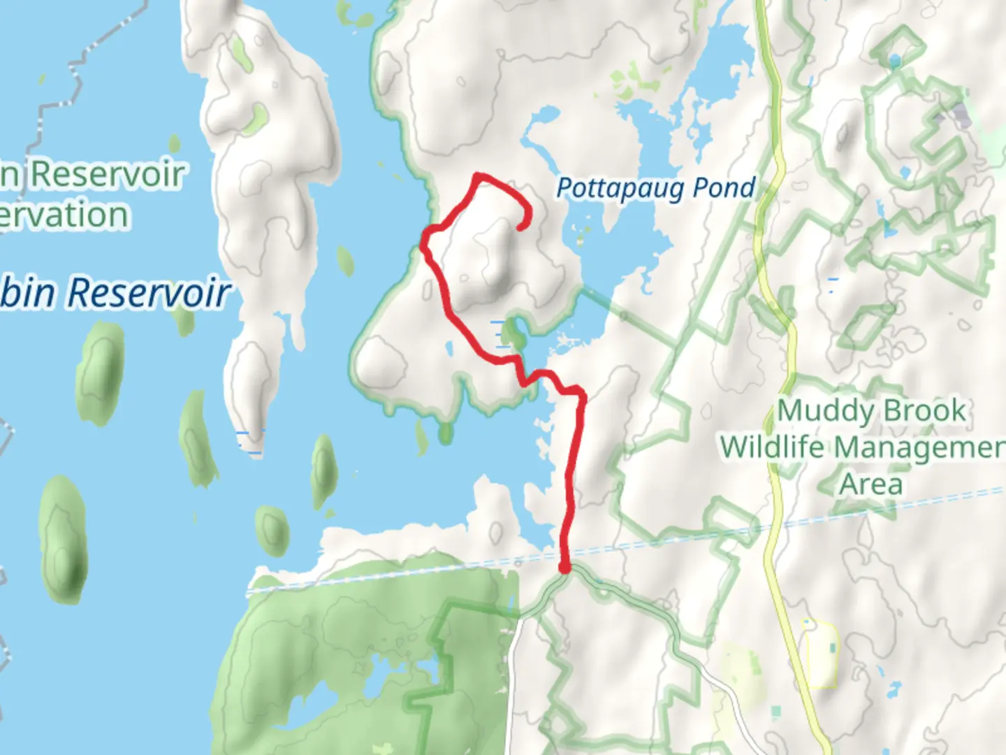 An image depicting the trail Pottapaug Hill from Greenwich Road and its surrounding area.