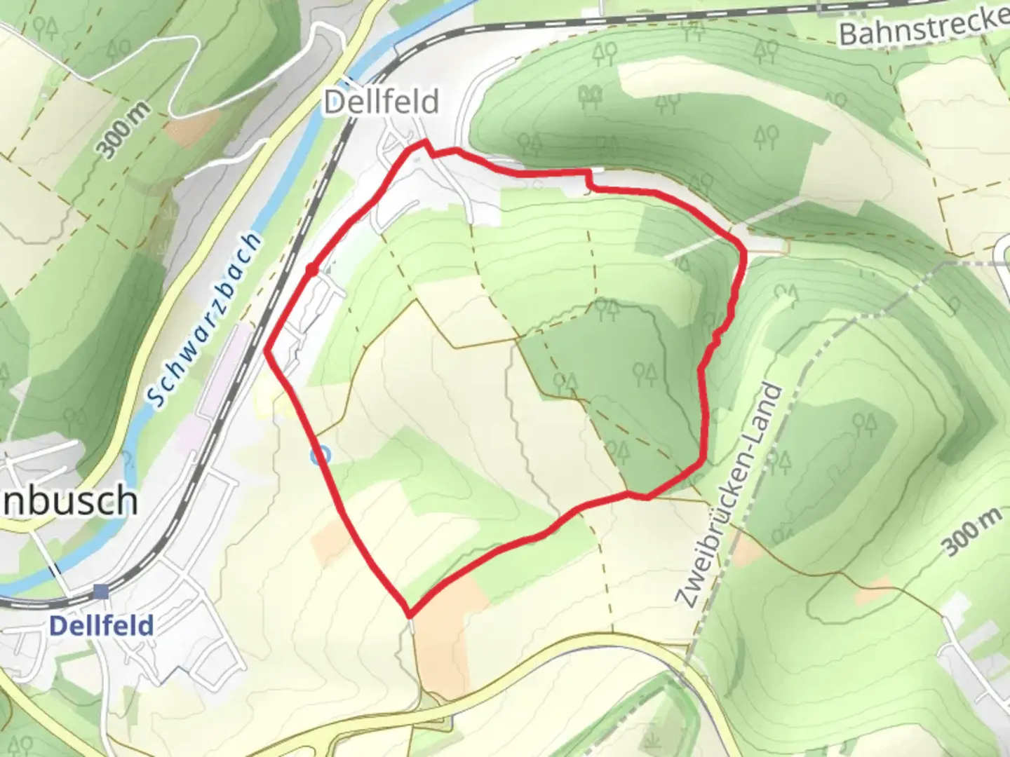 An image depicting the trail Weihershof and Lohberg Loop - Dellfeld and its surrounding area.
