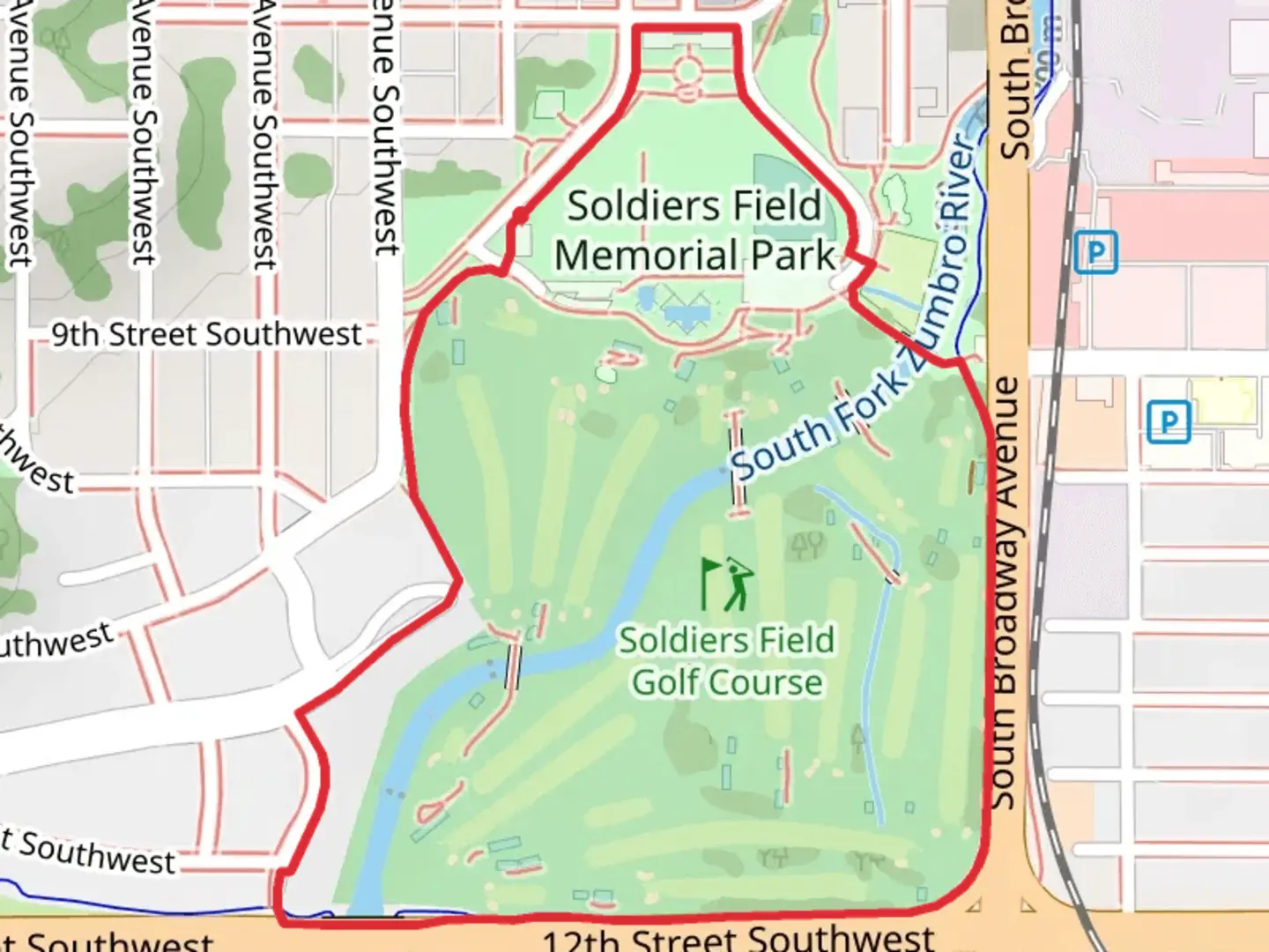An image depicting the trail Soldiers Field Memorial Park and Zumbro River Loop Trail and its surrounding area.