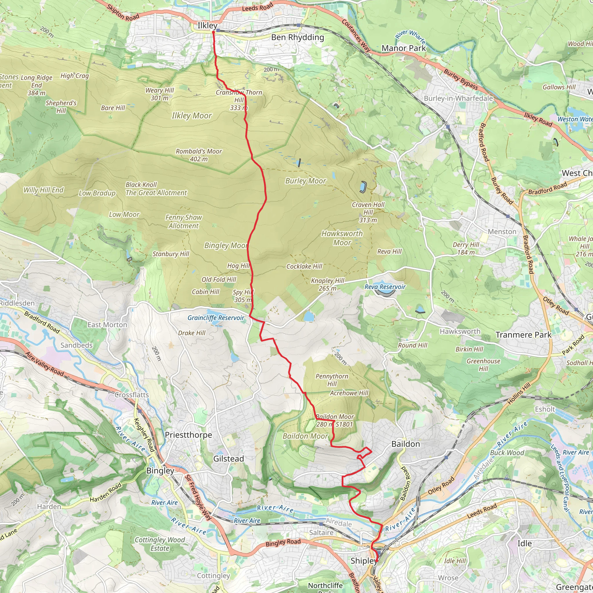 Shipley to Ilkley via Ilkley Moor mobile static map
