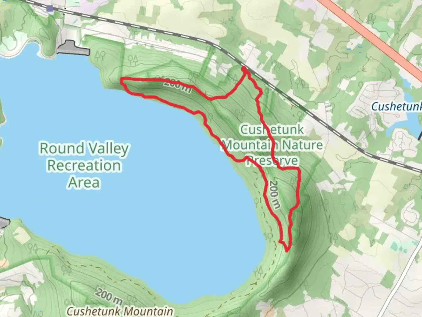 An image depicting the trail Cushetunk Red Trail and White Trail Loop and its surrounding area.