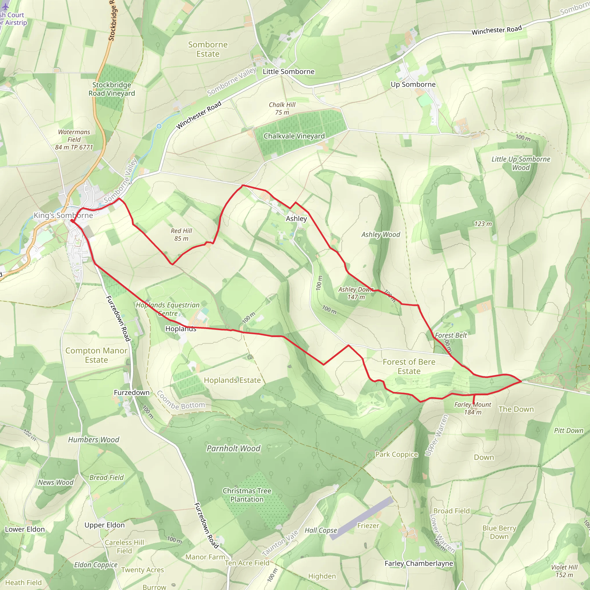 King's Somborne to Ashley and Hoplands Loop mobile static map