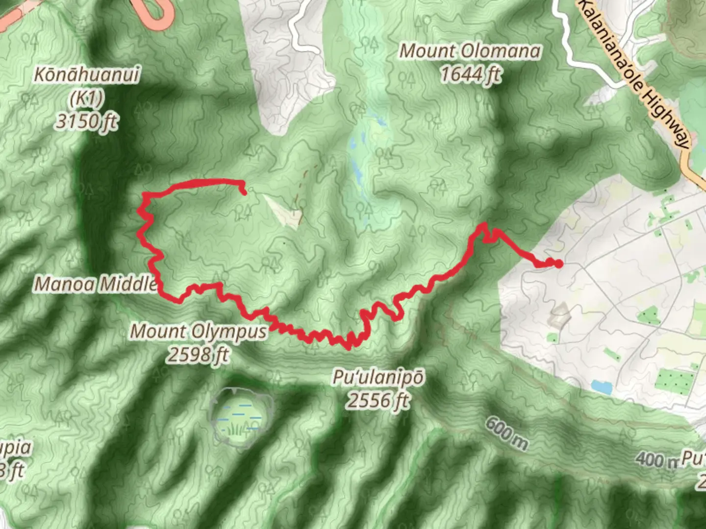 An image depicting the trail Maunawili Trail Out and Back and its surrounding area.