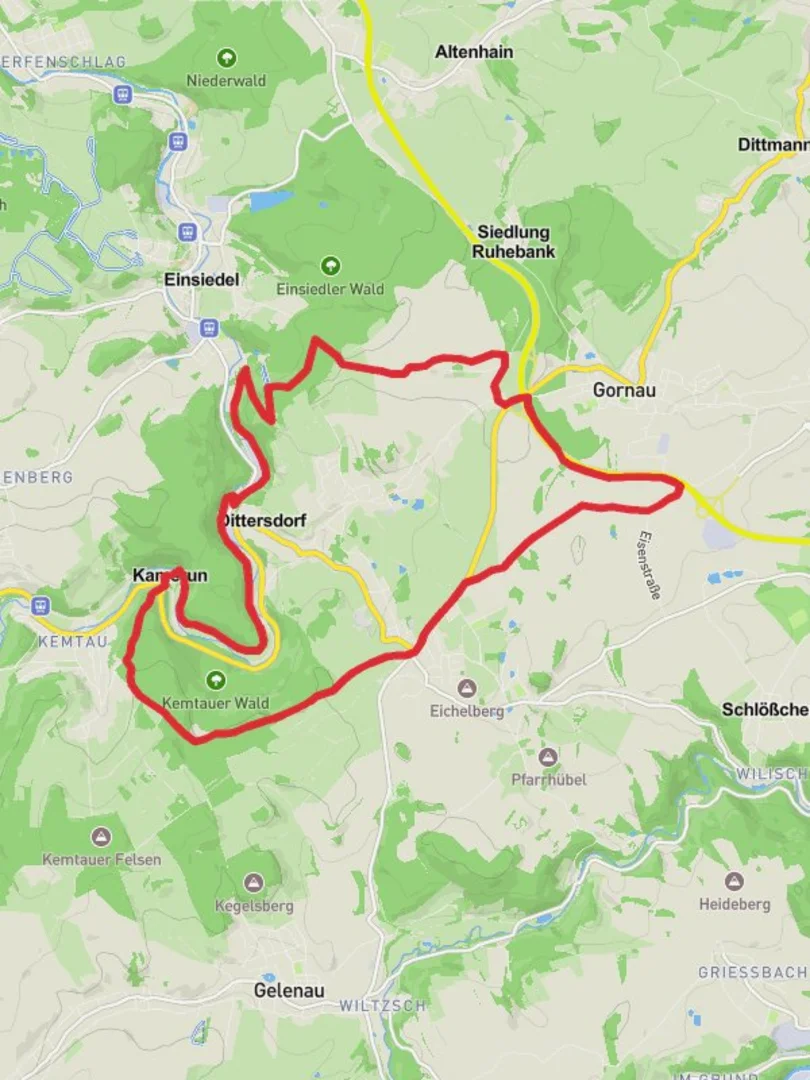 An image depicting the trail Amtsberg Loop via Dittersdorfer Hohe and its surrounding area.