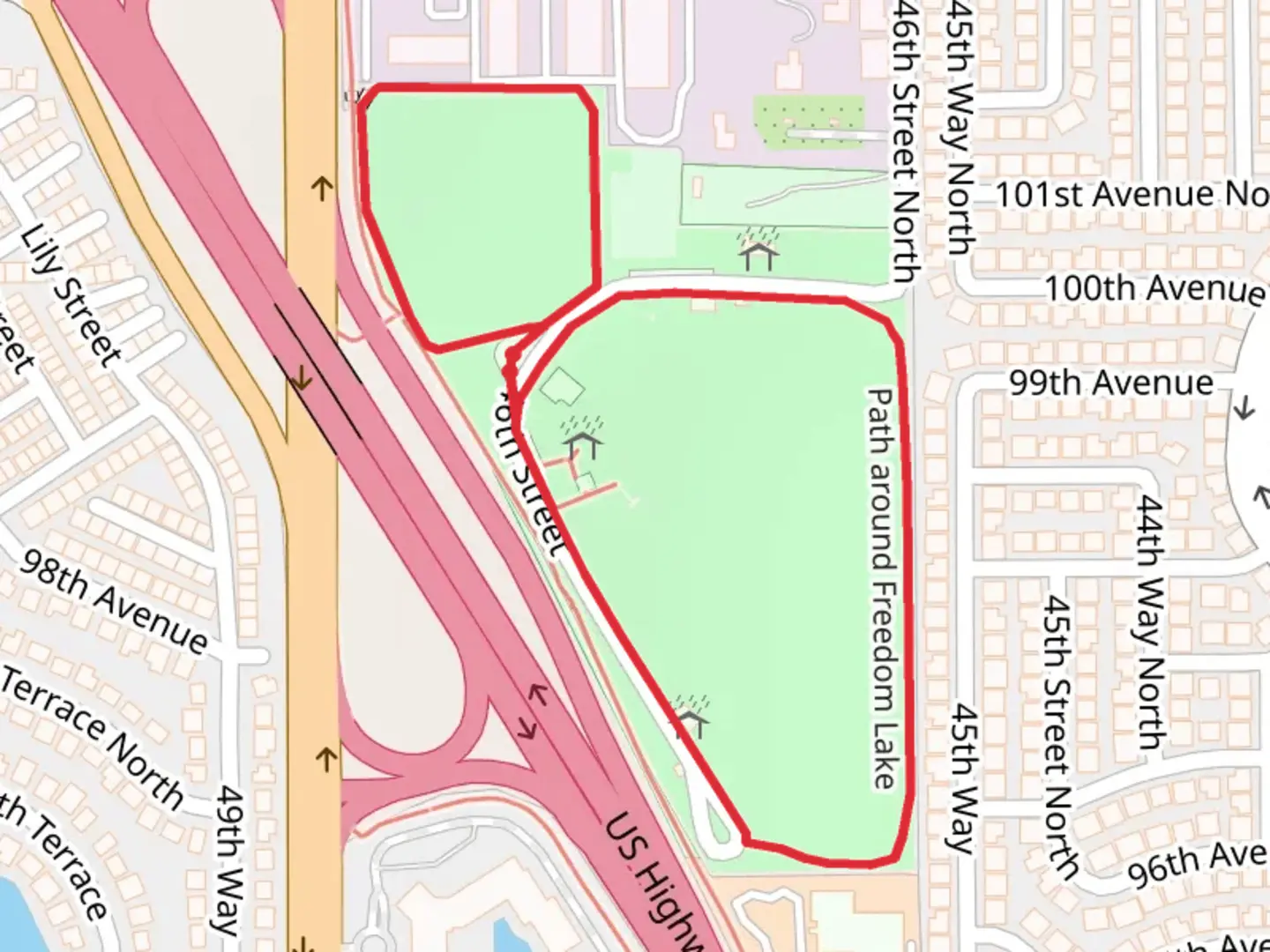 An image depicting the trail Freedom Lake Community Garden Loop and its surrounding area.