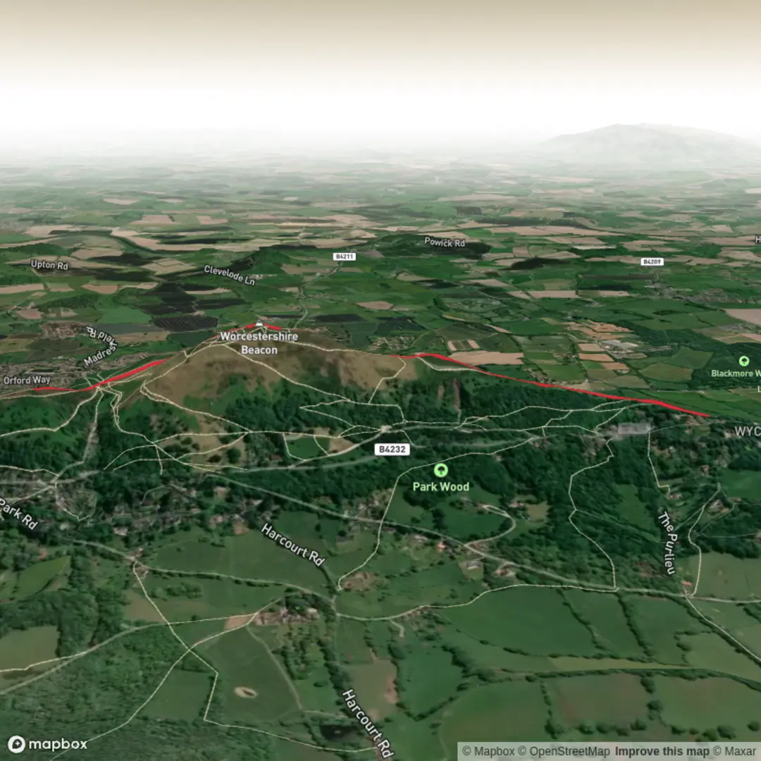 An image depicting the trail Upper Beacon Rd Car Park to Worcestershire Beacon and Sugarloaf Hill and its surrounding area.