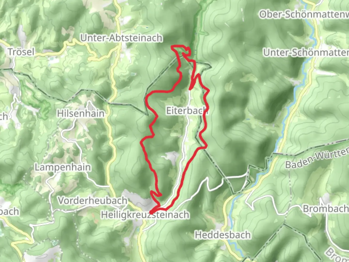 An image depicting the trail Heiligkreuzsteinach - Eiterbach Loop and its surrounding area.