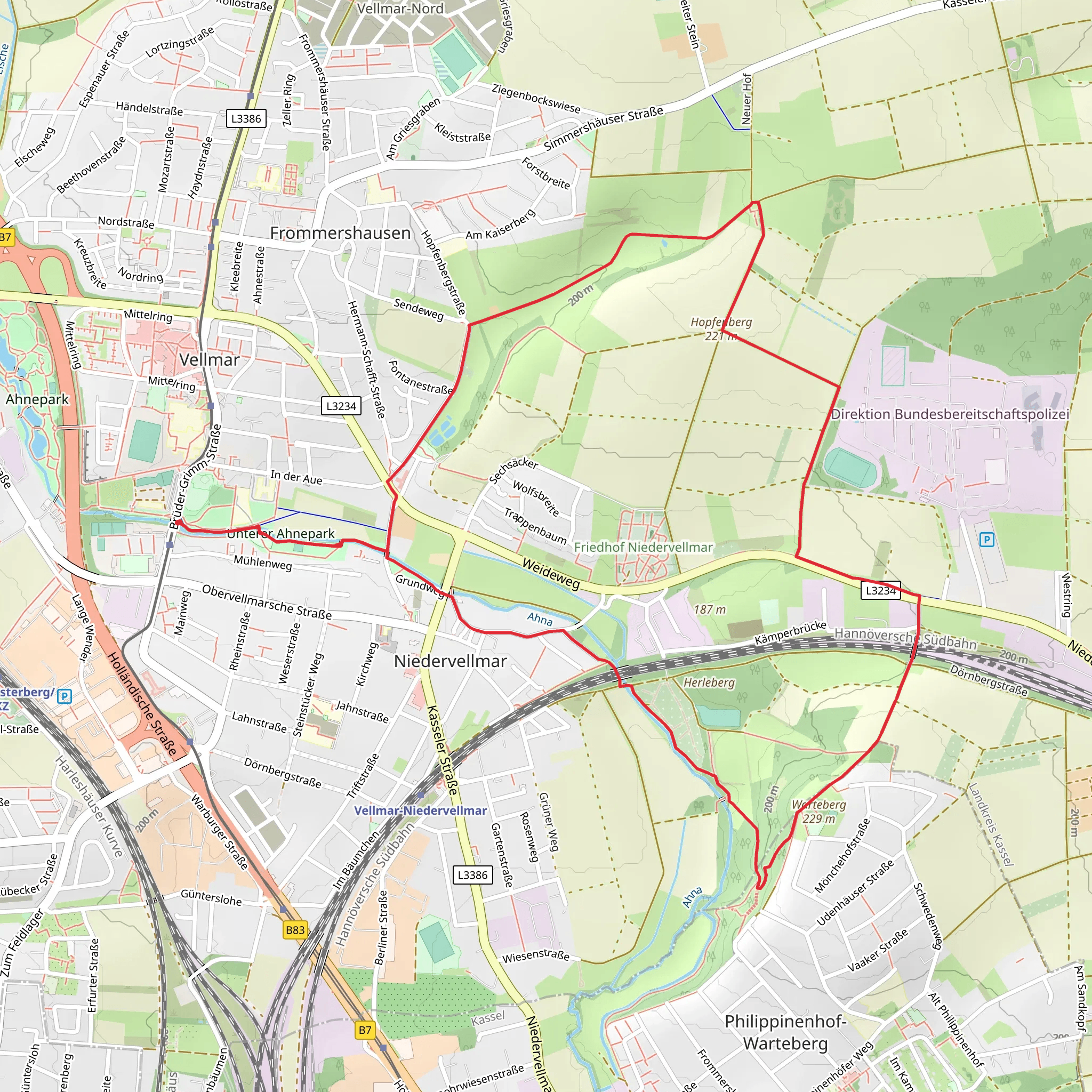 Hopfenberg via Vellmar H3 - Wartebergweg mobile static map