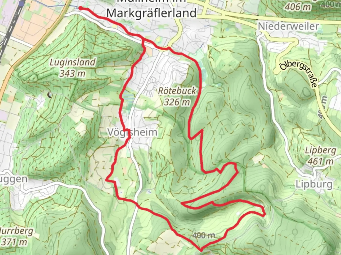 An image depicting the trail Eichwald, Kuhberg and Zizingen Loop and its surrounding area.