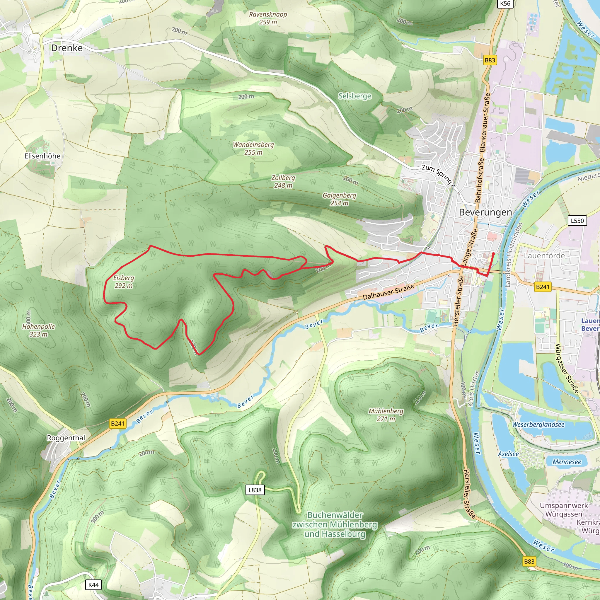 Weser Bever Hoehenweg and Galgenberg Eisberg Weg mobile static map