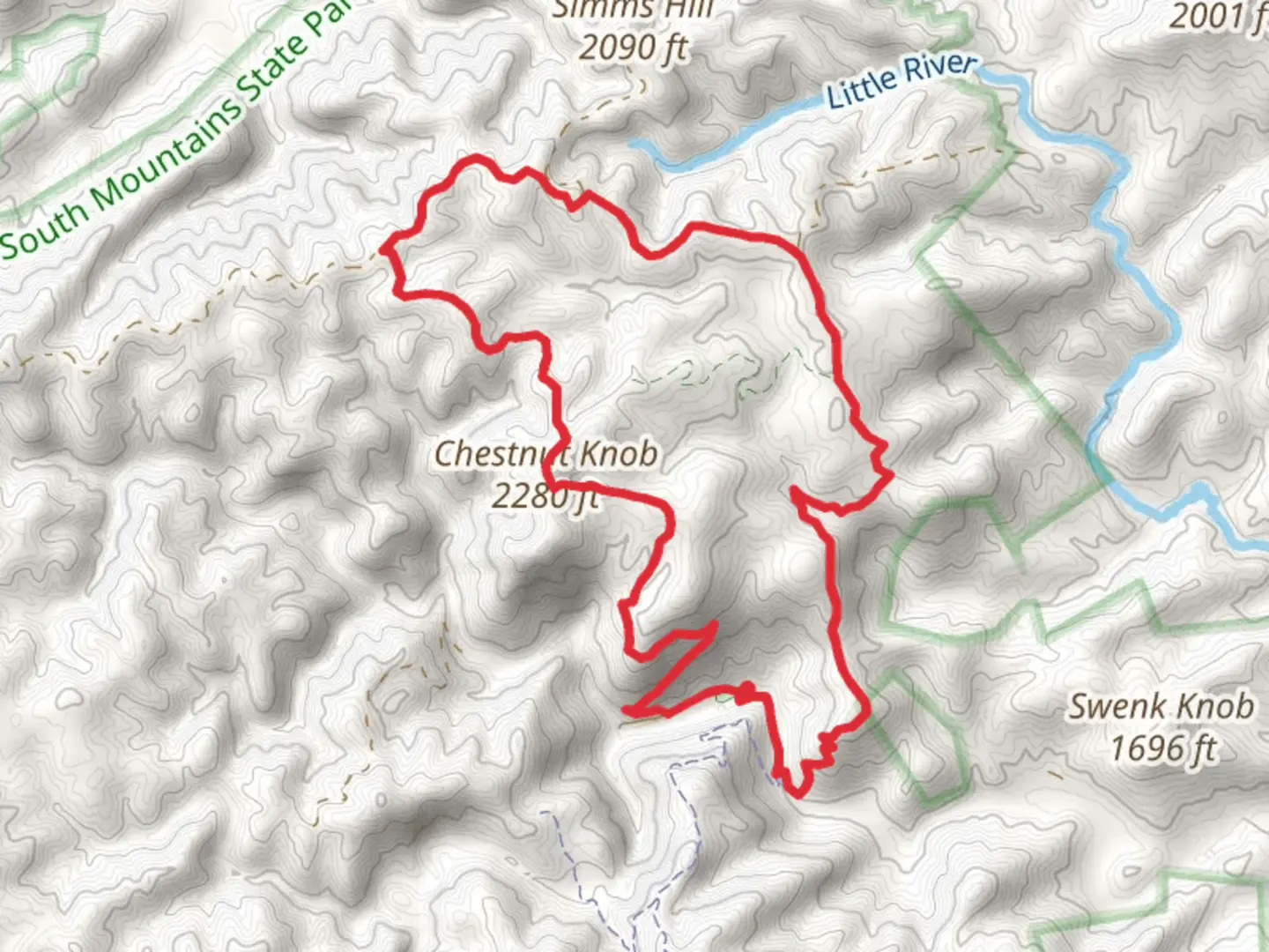 An image depicting the trail Chestnut Knob, Upper CCC Trail and Little River Trail Loop and its surrounding area.