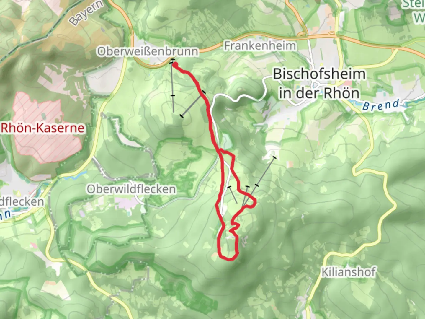 An image depicting the trail Kreuzberg and An den drei Kreuzen Loop via Ziegelberg and its surrounding area.