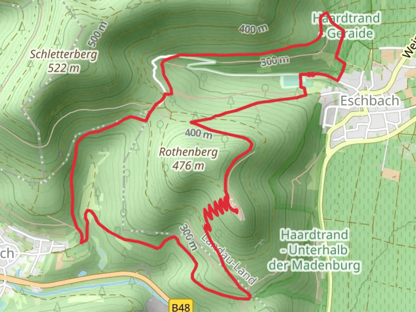 An image depicting the trail Madenburg and Pfalz-Lamas Loop August Becker Weg and its surrounding area.