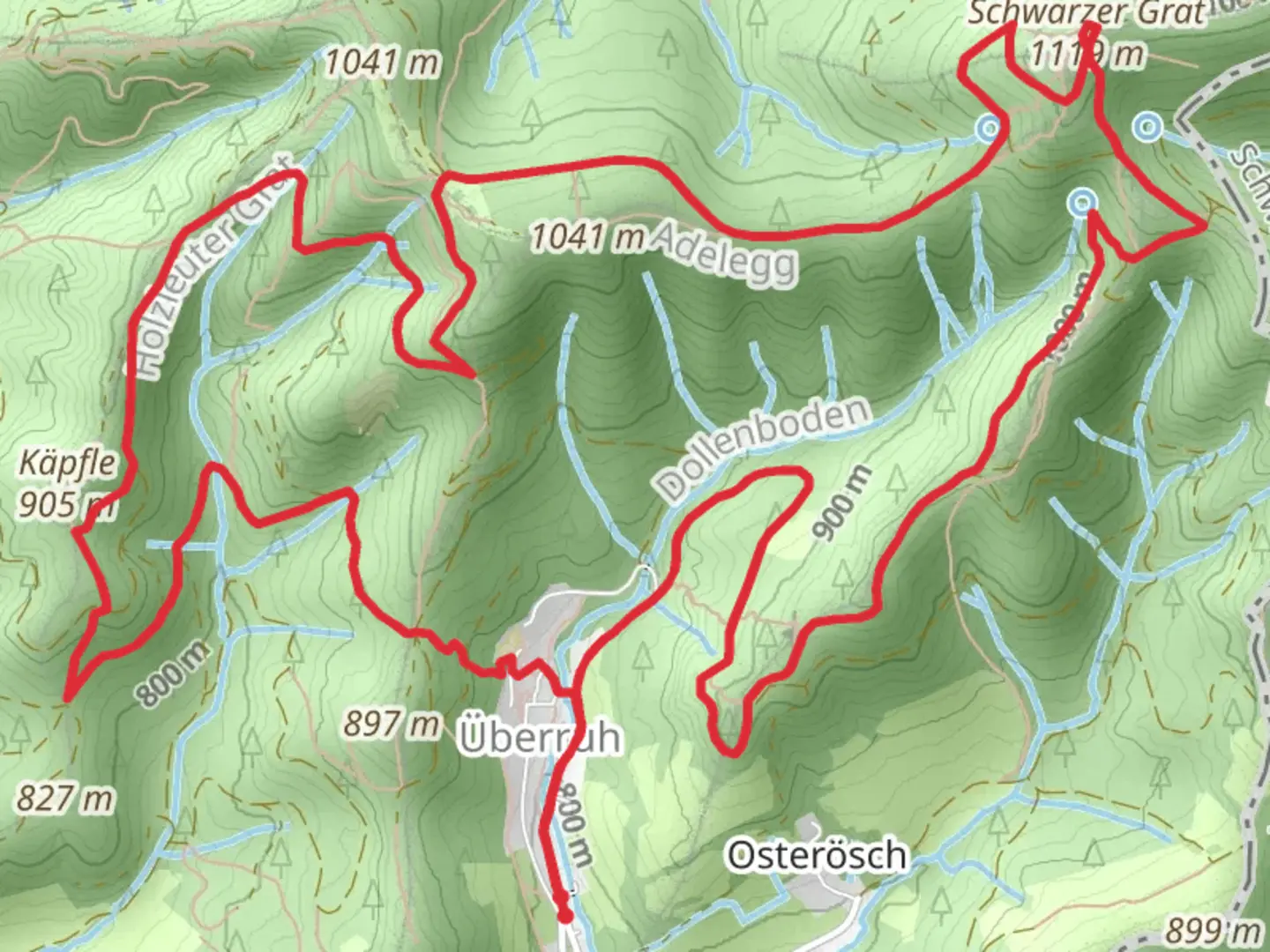 An image depicting the trail Schwarzer Grat via Adelegg Wandergebiet and Heuberg Allgaeu Weg and its surrounding area.