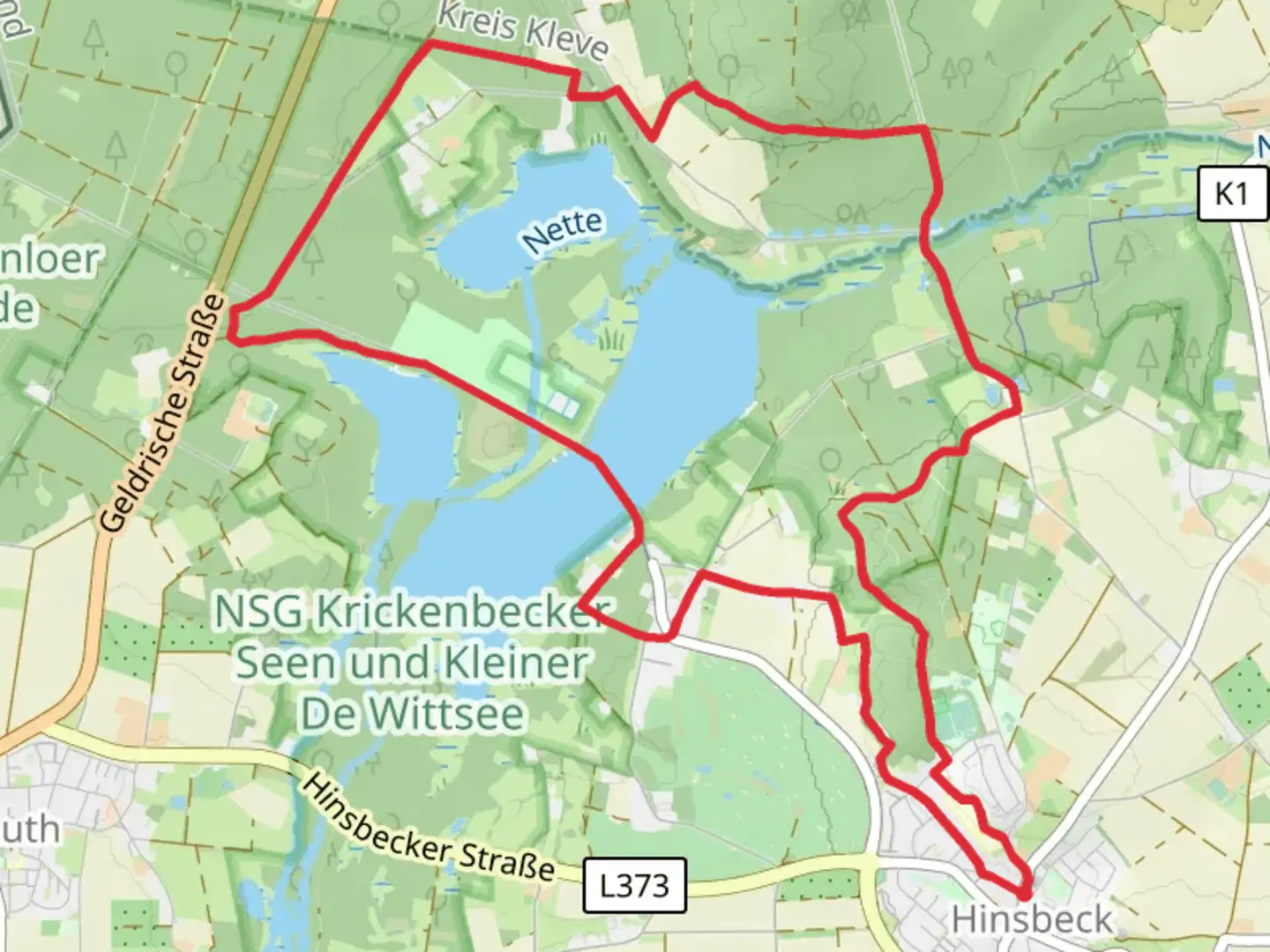 An image depicting the trail Glabbacher Bruch via Hinsbecker Hoehen and its surrounding area.